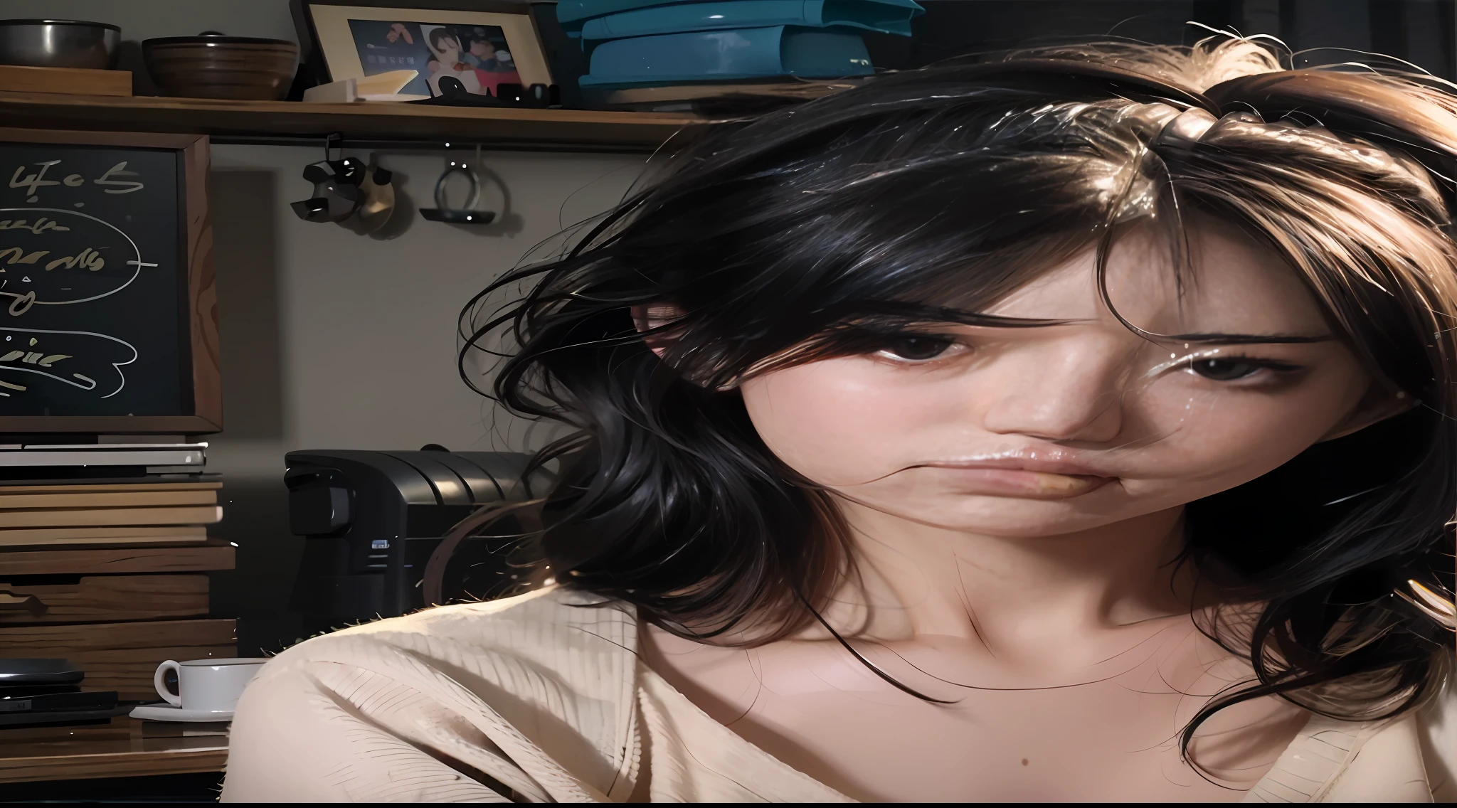 a close up of a woman sitting on a bed with a laptop, Korean girl, beautiful Korean women, Beautiful young Korean woman, Gorgeous young Korean woman, Beautiful Asian girl, ulzzangs, girl cute-fine face, Korean woman, young lovely Korean faces, Messy shoulder-length black hair, young cute wan asian face, korean women's fashion model
