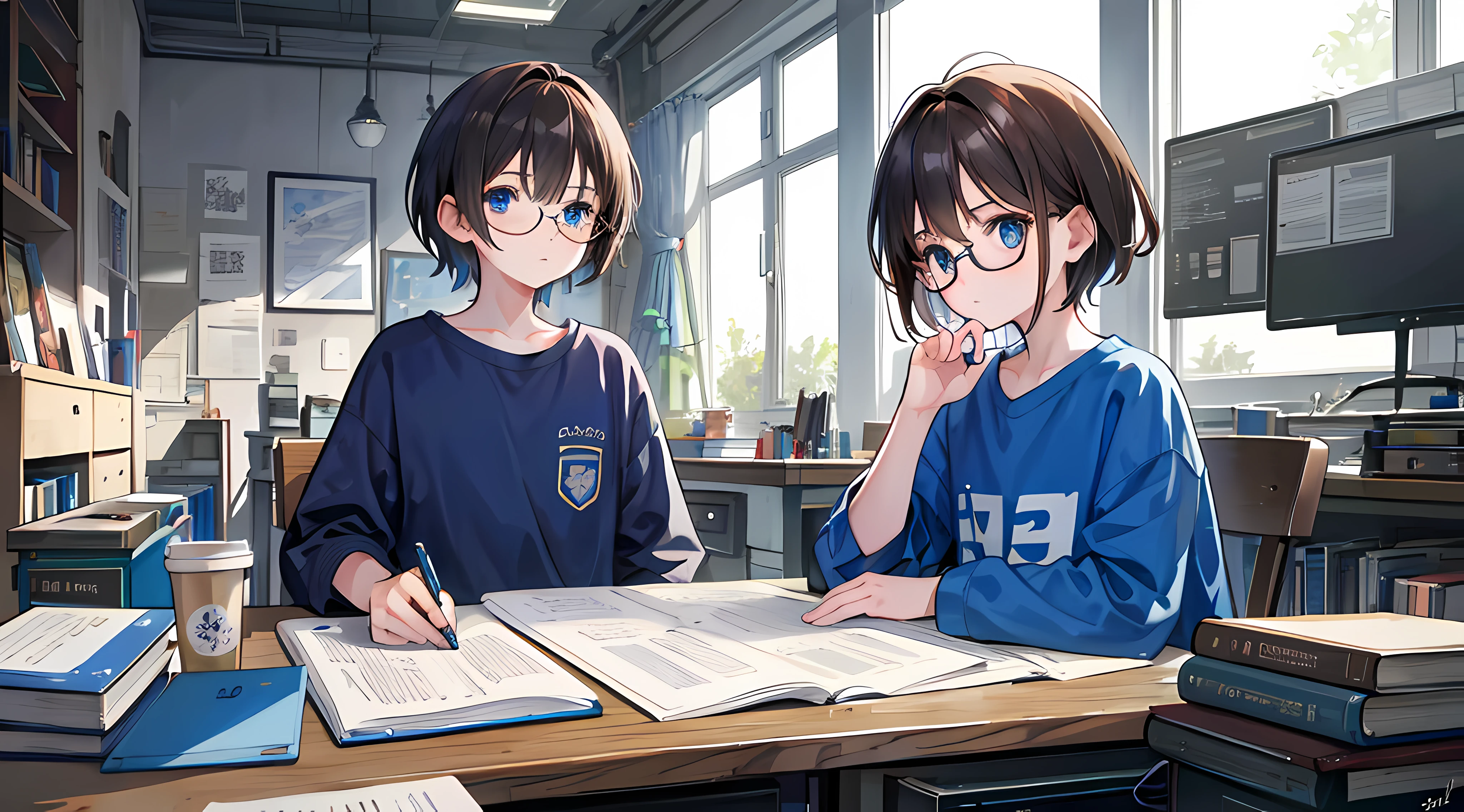 masterpiece, best quality,brown hair, 1girl,beautiful eyes, labcoat, 1boy, sitting, blue T-shirt, computer, sitting, short hair, book, phone, cup, black hair, blue eyes, glasses, box, cellphone, holding, male child, chair, mug, child, monitor, indoors, white scheme, perfect hands,