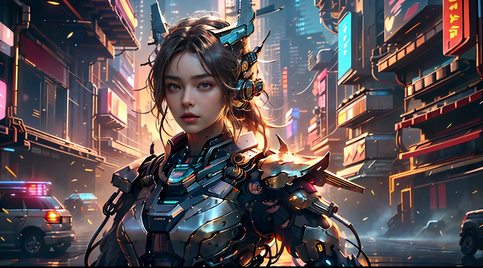 tmasterpiece,top-quality,best qualityer,offcial art,Beauty and aesthetics:1.2),(tmasterpiece:1.3), (8K, realisticlying, RAW photos, best qualtiy: 1.4), beauitful face, (photorealiscic face),超高分辨率, Ultra photo realsisim, highly detailed, the golden ratio, (Award-winning digital artwork:1.3) af (sketching:1.3),(with dynamism:1.3),(Saturation:1.3),(Close portrait:1.3),illusory engine, (High detail: 1.9),(femele:1.4),(big breasts beautiful: 1.4),(carismatic:1.3),Girl in futuristic suit holding weapon,In front of the city of gunsmoke,Gunsmoke Street,battlefiled, Real women,Real face,cute female child, The perfect cyborg girl, Beautiful female ,beautiful girl cyborg,robotic hand,CG,4K,dramatics,Large breasts,the night,cyber punk perssonage,the night,dramatics