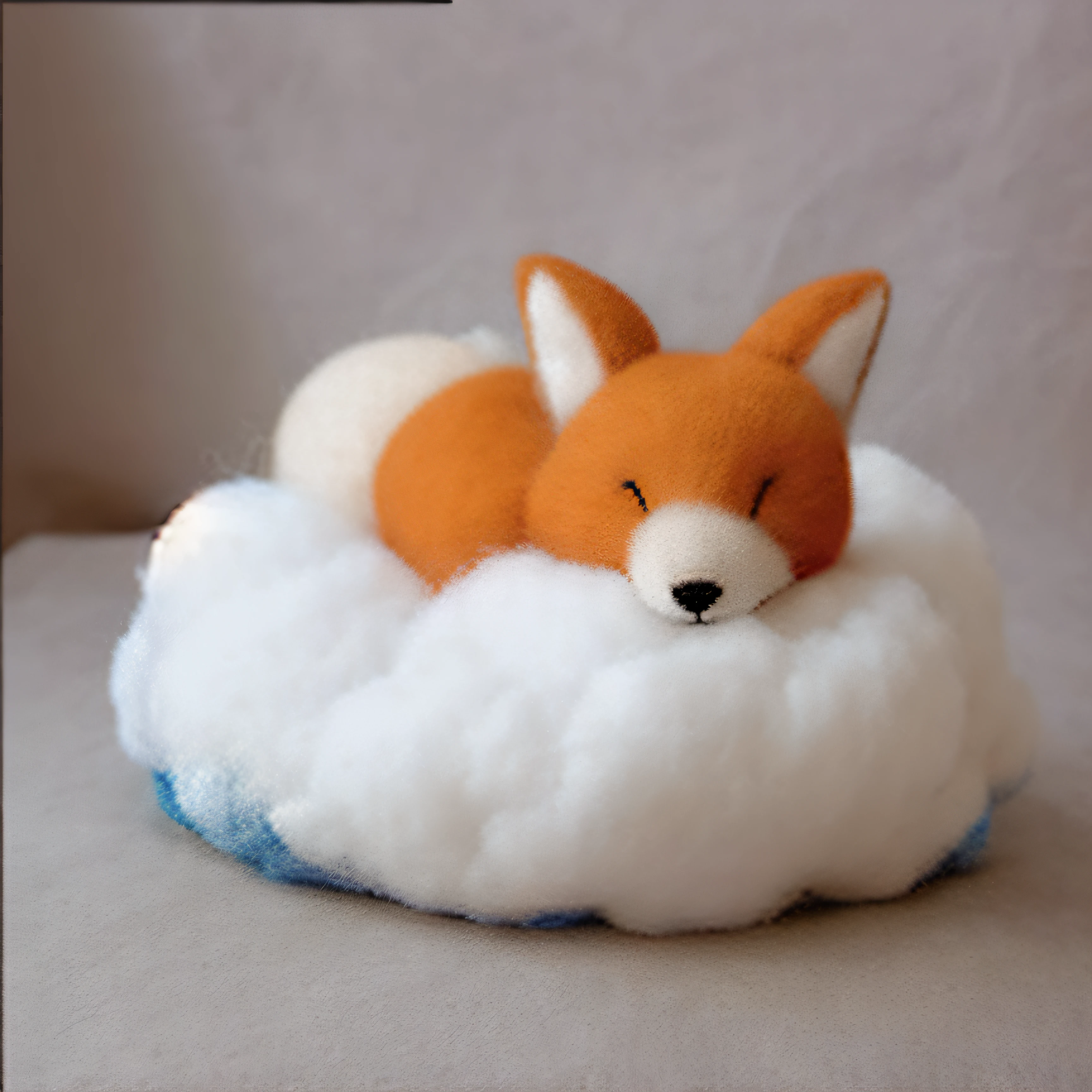 there is a stuffed fox that is sleeping on a cloud, very detailed felt plushie, needle felting art, lie on white clouds fairyland, peaceful cloud, cloud, needle felting, wool felting art, “puffy cloudscape, bunny, sitting in a fluffy cloud, in a cloud, made out of wool, in the white clouds fairyland, sleepy