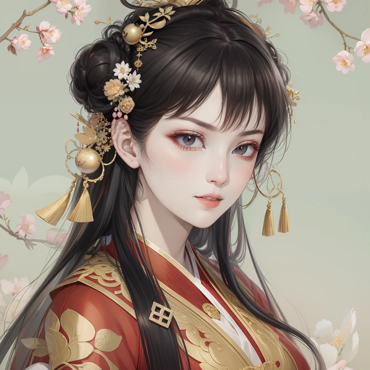 A beautiful girl in ancient China，The facial features are delicate and fair，Cool temperament，Red clothes，Black hair coiled into a bun，Over-ear joystick，Chinese Song Dynasty clothing，Red gold pattern case maxi dress，Long black hair，Hairpins，A half body，Stand under the plum tree，rays of sunshine，Clear face，tmasterpiece，ultra - detailed，Epic composition，high qulity，HighestQuali，The main color is red，Background background simple element。Bust，Back shadow。Invisible hands，No hands。