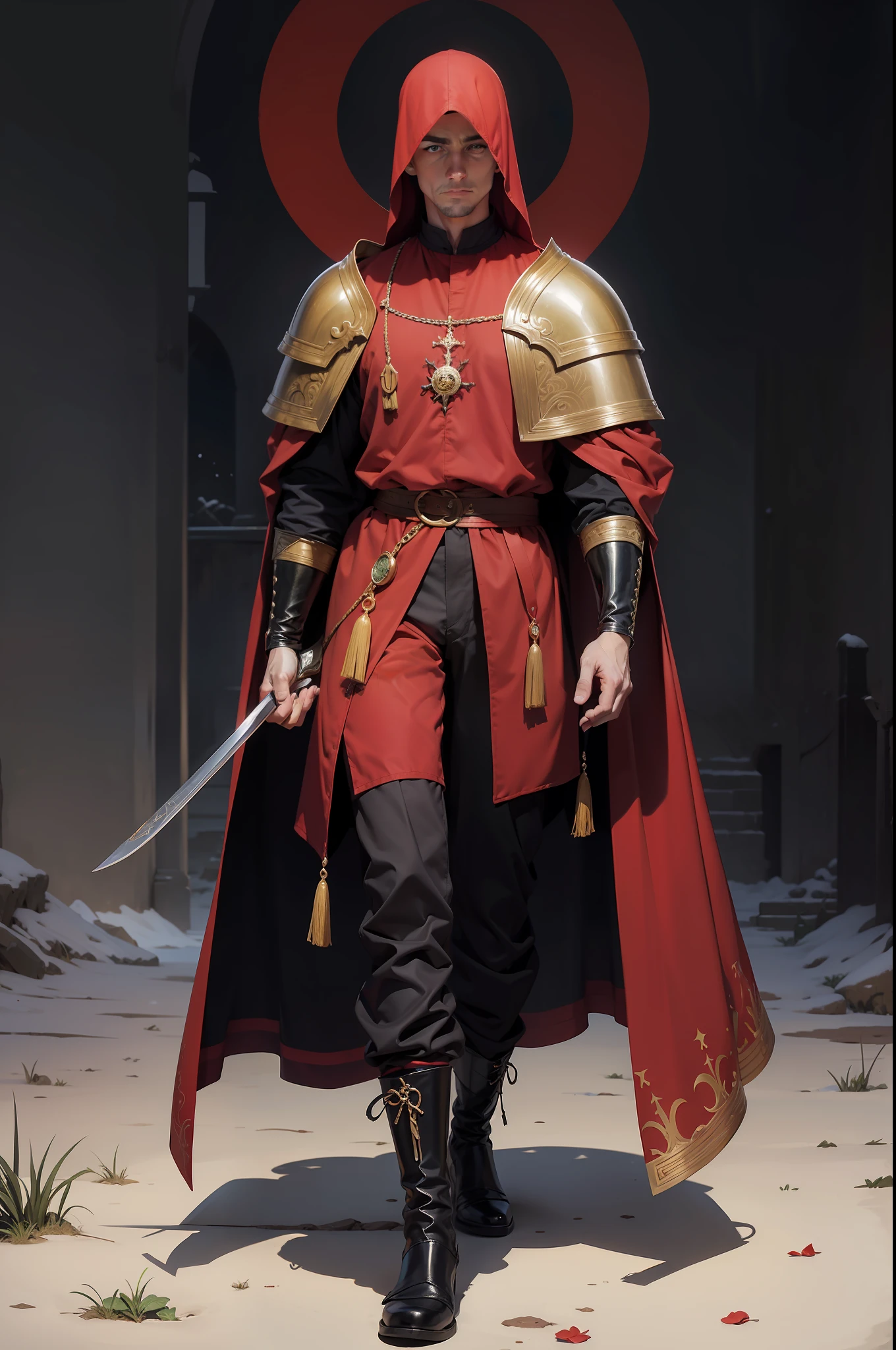 realista, Homem, meia idade, cabelo preto curto, Manto medieval vermelho escuro, Armadura medieval dourada, Pants, corpo todo, fundo branco