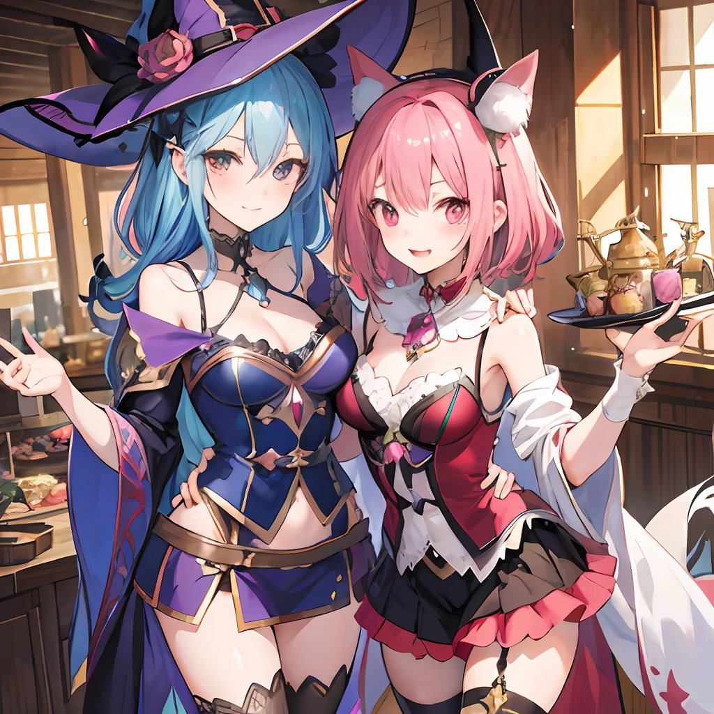 Two anime girls in costumes and hats posing for a photo, WLOP and Sakimichan, flirty anime witch casting magic, alchemist girl, jazza and rossdraws, nixeu and sakimichan, two beautiful anime girls, shadowverse style, Official artwork, astral witch clothes, 2. 5 D CGI anime fantasy artwork, Anime fantasy illustration