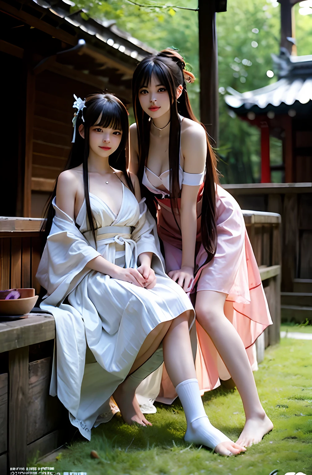 model shoot,(((2girls,duo))),Morning,(early morning),(day:1.8),in summer,Onsen,(Nature:1.9),Postural collar,Fishnet socks,Hugging,full bodyesbian,Very long hair,grin,Dynamic Angle,Dynamic pose,Outdoors,Chinese style architecture,
(RAW photogr:1.2), (Photorealistic:1.4),Ultra-detailed, A high resolution, Extremely detailed,Best quality ,Masterpiece, illustration, An extremely delicate and beautiful, Extremely detailed ,CG ,Unity ,8K wallpaper, Amazing, finedetail, Masterpiece,Best quality, PureErosFace_V1,Urzang-6500-V1 Edition, Edition, Edition, Edition, Edition, Edition, Edition, Edition, Edition, Edition, Edition, Edition, Edition, Edition.1