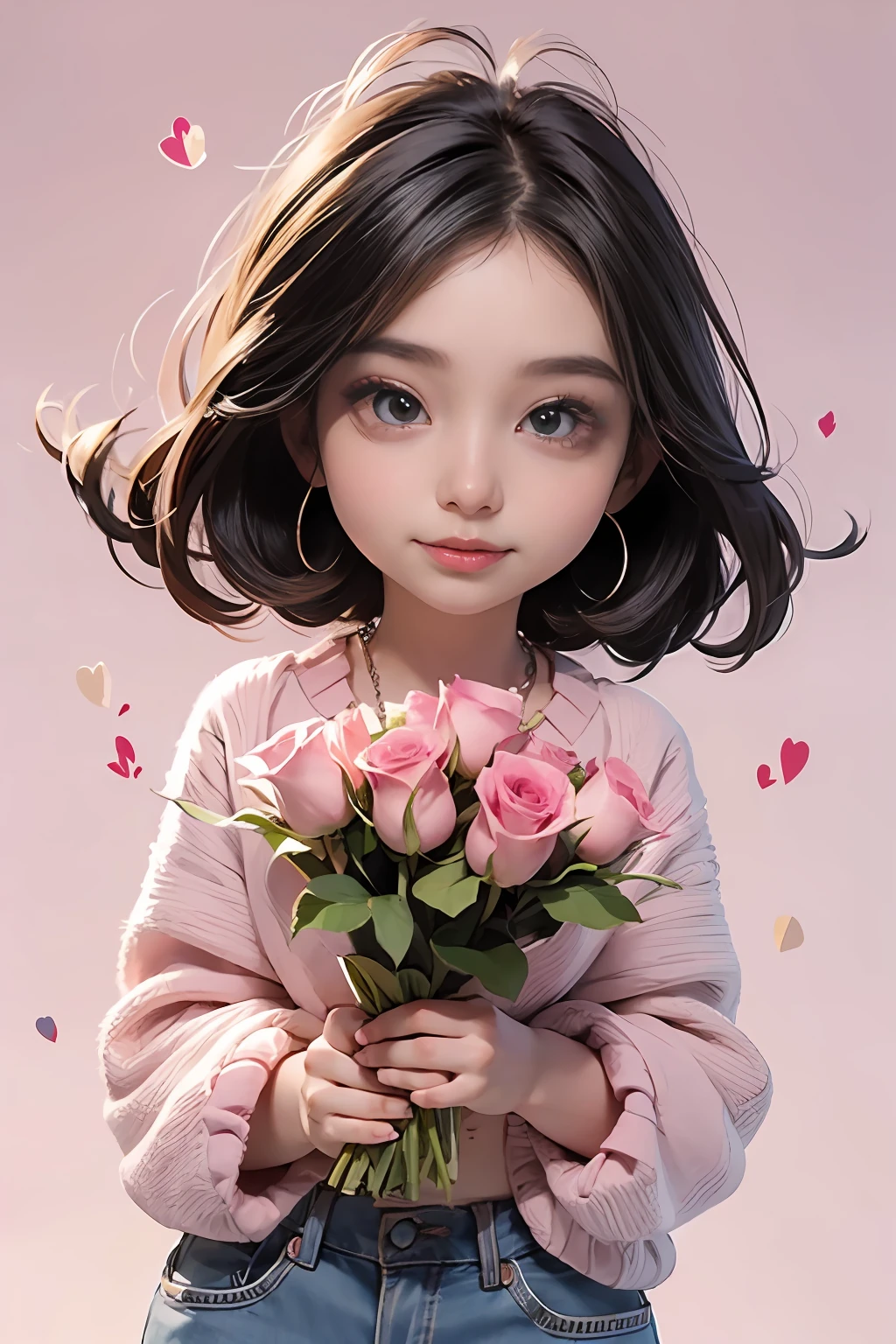Mulher bonita, cabelo loiro grande com caichos rosas, desenhista, chibi