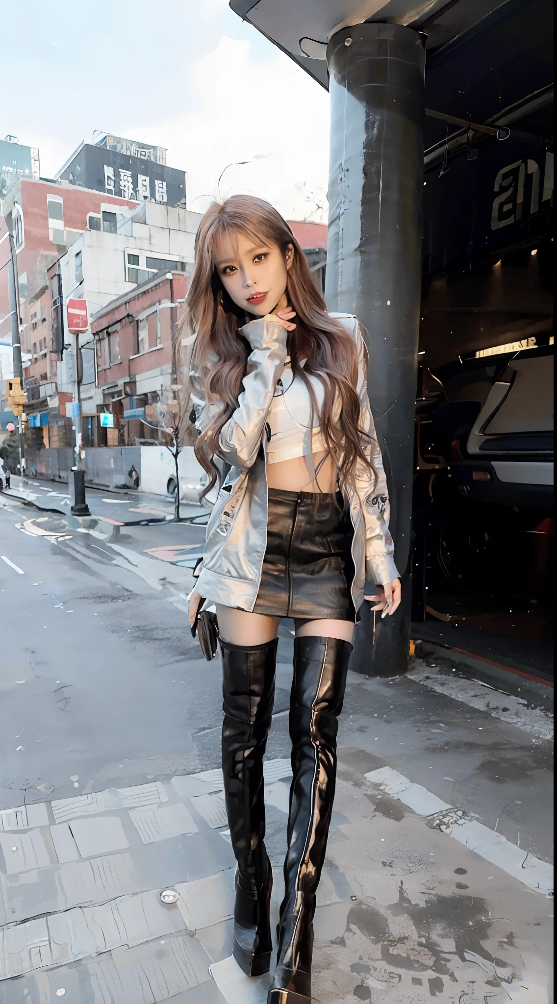 1girl,(8k, RAW photo, best quality, masterpiece:1.2), (1girl,solo:1.29),(realistic, photo-realistic:1.37),(street photography
:1.54),boots,(2 boots,2 normal legs),over knee,(stand upright,orthographic illumination,whole body pictrue:1.88),(knee high boots:1.75),(leather boots:1.6),(boots cover 3/4 legs:1.55),(high heels:1.2),(silvery hair),(silvery boots),(leather miniskirt:1.3),(high heels:1.4),(2 long heels:1.2),(2 thin heels:1.33),(2 slim heels:1.33),(bra:1.65),(silvery lacquer leather boots:1.4),(boots cling to her legs:1.5),(The boots press tightly against the thigh, highlighting the curve of the leg),ultra-detailed,full body,(long hair,red hair,bright red hair:1.4),(beautiful detailed girl:1.6) ,beautiful nose,(extremely detailed eyes and face:1.6), (beautiful detailed eyes:1.5),(light on face:1.6),(Hanfu:1.1),beautiful detailed lips,professional lighting, no hats,(Hanfu:1.1),2 legs,photon mapping, radiosity, physically-based rendering,extremely detailed eyes and face, beautiful detailed eyes,light on face,cinematic lighting,beautiful detailed sky,detailed Shanghai street,morning,sun light,short jacket,hoodie,school uniform,(open legs:1.39),1girl,full body,full-body shot,see-through,looking at viewer,outdoors,