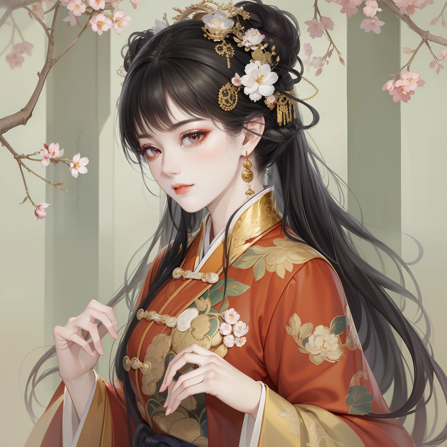 A beautiful girl in ancient China，The facial features are delicate and fair，Cool temperament，Red clothes，Black hair coiled into a bun，Over-ear joystick，Chinese Song Dynasty clothing，Red gold pattern case maxi dress，Long black hair，Hairpins，A half body，Stand under the plum tree，rays of sunshine，Clear face，tmasterpiece，ultra - detailed，Epic composition，high qulity，HighestQuali，The main color is red，Background background simple element。Bust，Back shadow。Invisible hands，No hands。