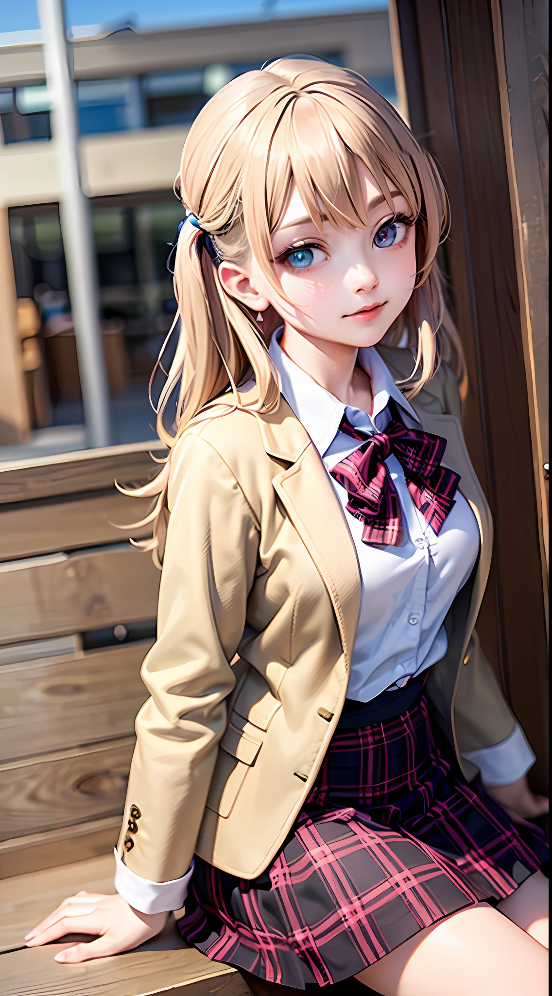 (Masterpiece, Best quality:1.2), Cowboy shot, Solo, 1girll, Takanashi millionaire, Expressionless, Closed mouth, view the viewer, Sitting, one side up, Heterochromia, Yellow eyes, Blue eyes, school uniform, Jacket, Plaid skirts