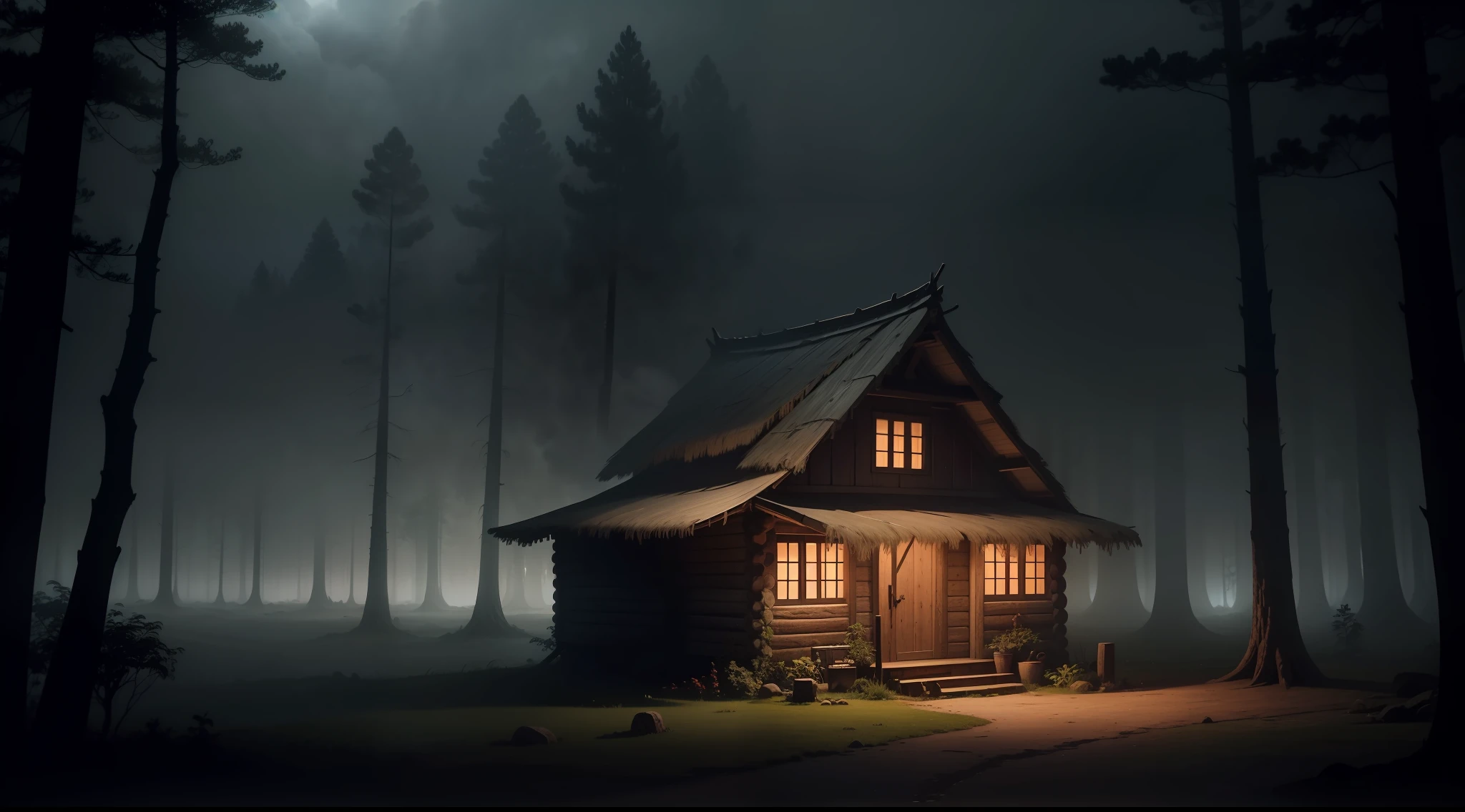 A rustic wooden hut in the forest, sombria, com atmosfera de terror, em uma noite assustadora, shrouded in dense fog and overcast skies, in a deep darkness.