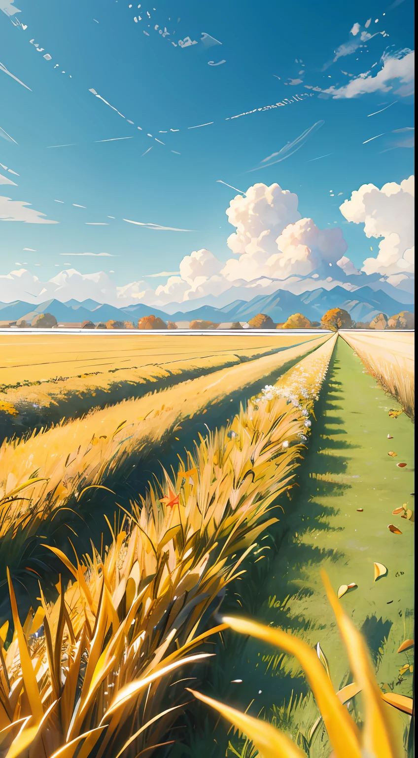 Autumn，（beginning of autumn），（Light yellow wheat field close-up）（Mai Lang），Cyan mountains in the distance，Pale yellow fallen leaves flutter in the air，with blue sky and white clouds，（Clean picture），The picture brings an elegant and relaxing feeling，Add a natural calm and unique atmosphere，low perspective，（depth of fields），（ssee-through），Normal composition，（Simple），（8K），High quality and clarity，hyper HD，（best qualtiy）