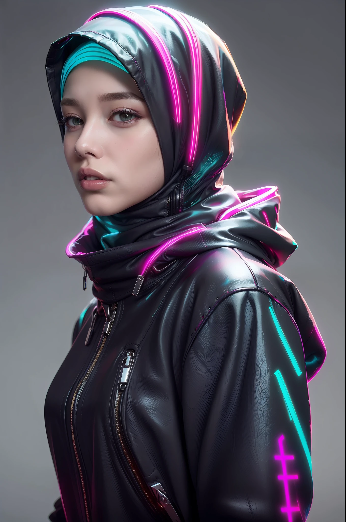 (Blue and Magenta), (Neon Cyberpunk Hijab: 1.5), [Style: Neon Cyberpunk: 1.3], (RAW Photos: 1.2), (Perfect Eyes: 1.5)),  (Photorealistic: 1.4), (Masterpieces: 1.3), (Best Quality: 1.4), Dreamy, (Detailed Eyes), (Detailed Facial Features), ( (8k:1.27), best quality, masterpiece, Hijab hair, ultra highres:1.2) Photo of Pretty woman (beautiful:1.1) (sci-fi woman:1.1), (Hijab cloak: 1.61) (Hijab leather Coat:1.21) intricate elegant, fantasy, detailed, ometric by greg rutkowski and alphonse mucha, gradient lighting