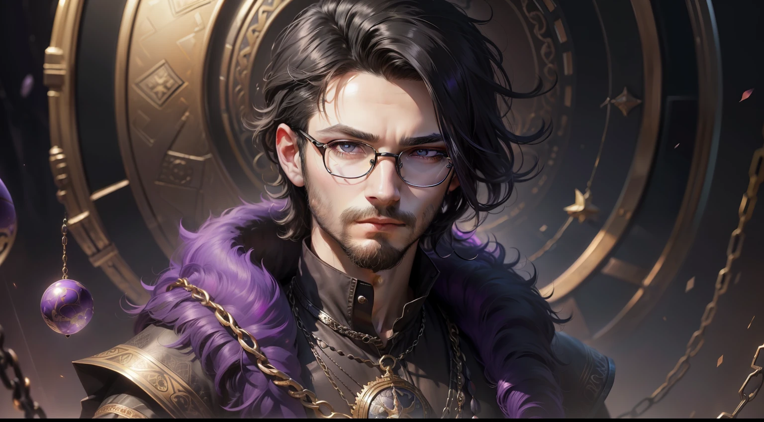 Realistic, (Masterpiece, Superior Quality, Best Quality, Official Art, Beauty & Aesthetic: 1.2), Highly Detailed, Fractal Art, Colorful, More Detailed, Sphere, (Chains Background: 1.5) (1boy), God, Black Fringe Hair, Soft beard, Glasses, Black Coat, (Bright purple Eyes), Mysterious 1.1, close-up
