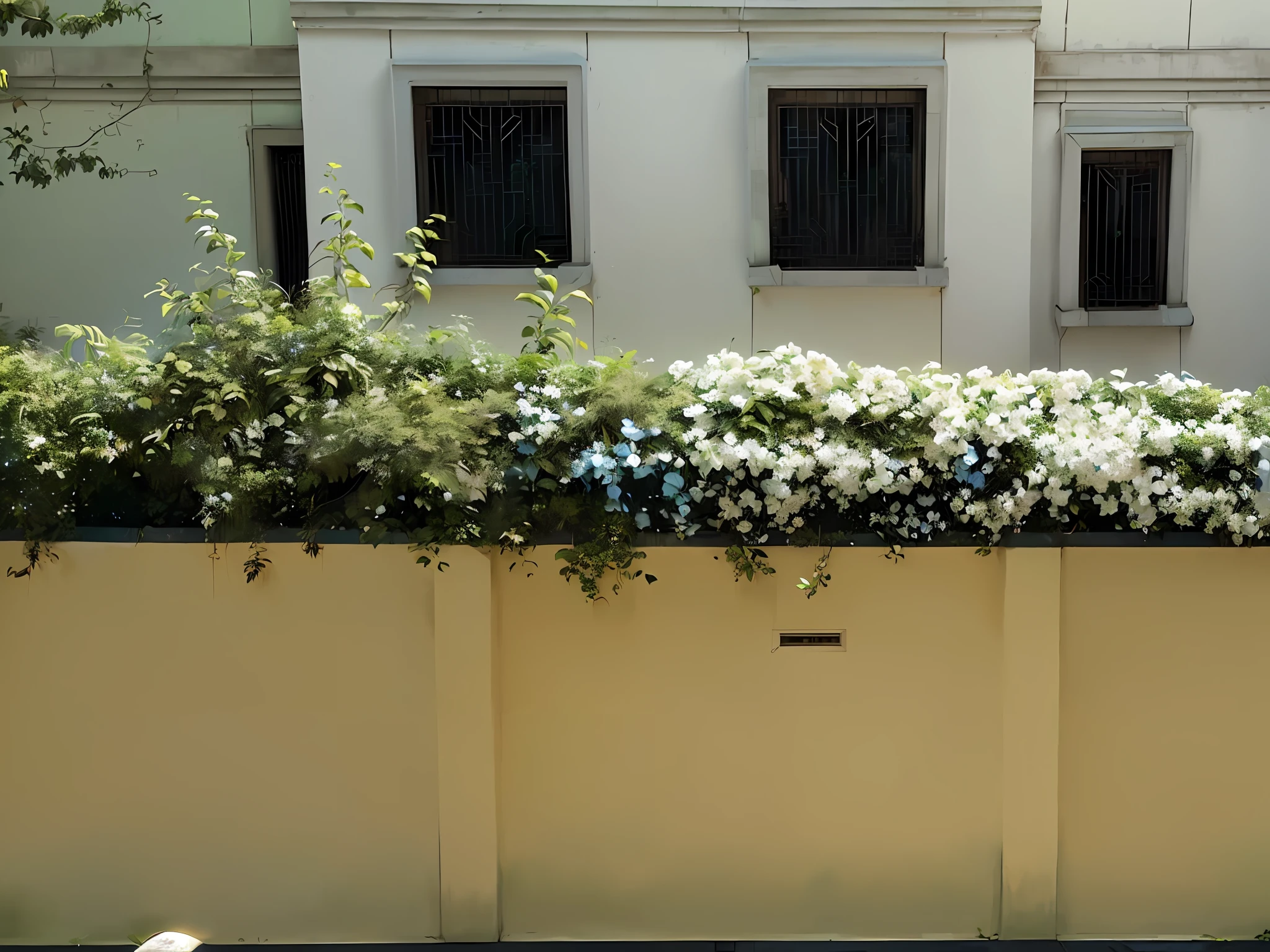 There is a white fence with blue and white stripes, the city is full of green plants, walls are covered with vines, View from the street, bushes in the background, building cover with plant, Overgrown with orchids, nature growing around the city, Overgrown with thick orchids, White block fence, covered in vegetation, Overgrown with flowers, Green wall