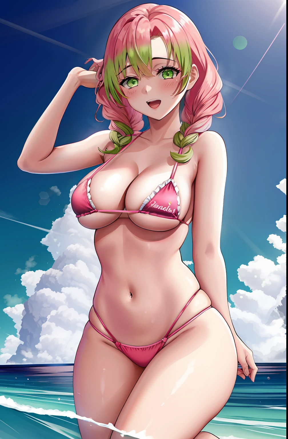 (1girl, kanroji_mitsuri, olhando para o espectador, micro bikini, blush leve, sorriso leve, cabelo rosa e verde, olhos verdes, seios grandes, decote, curvas, coxas grossas, pele brilhante, quadris largos, cintura fina:1.2), absurdos, (ultra-detalhado), obra-prima, melhor qualidade,good hands, bons dedos, epic stark lighting, cinematic composition, hiper-realista,