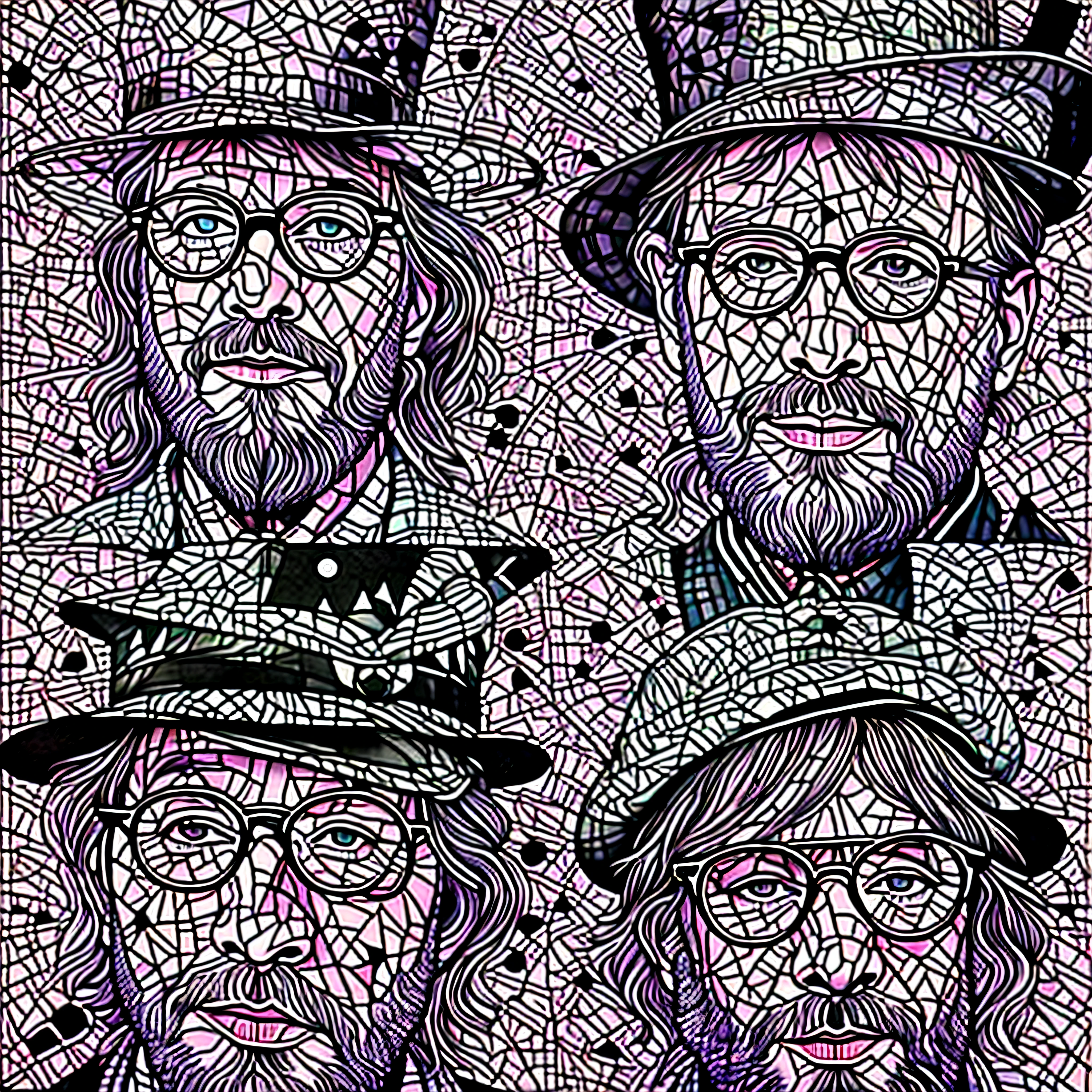 There are four men with hats and glasses on a wall, cartola, Retrato de Sam Hyde, inspirado em Chuck Close, pontilhado, arte da banda de ferramentas, j.Dickenson, j. Dickenson, estilo andy warhol, Estilo Dan Hillier, ilustre, retrato close - up, inspirado em Robert Crumb, Retrato NFT, great likeness