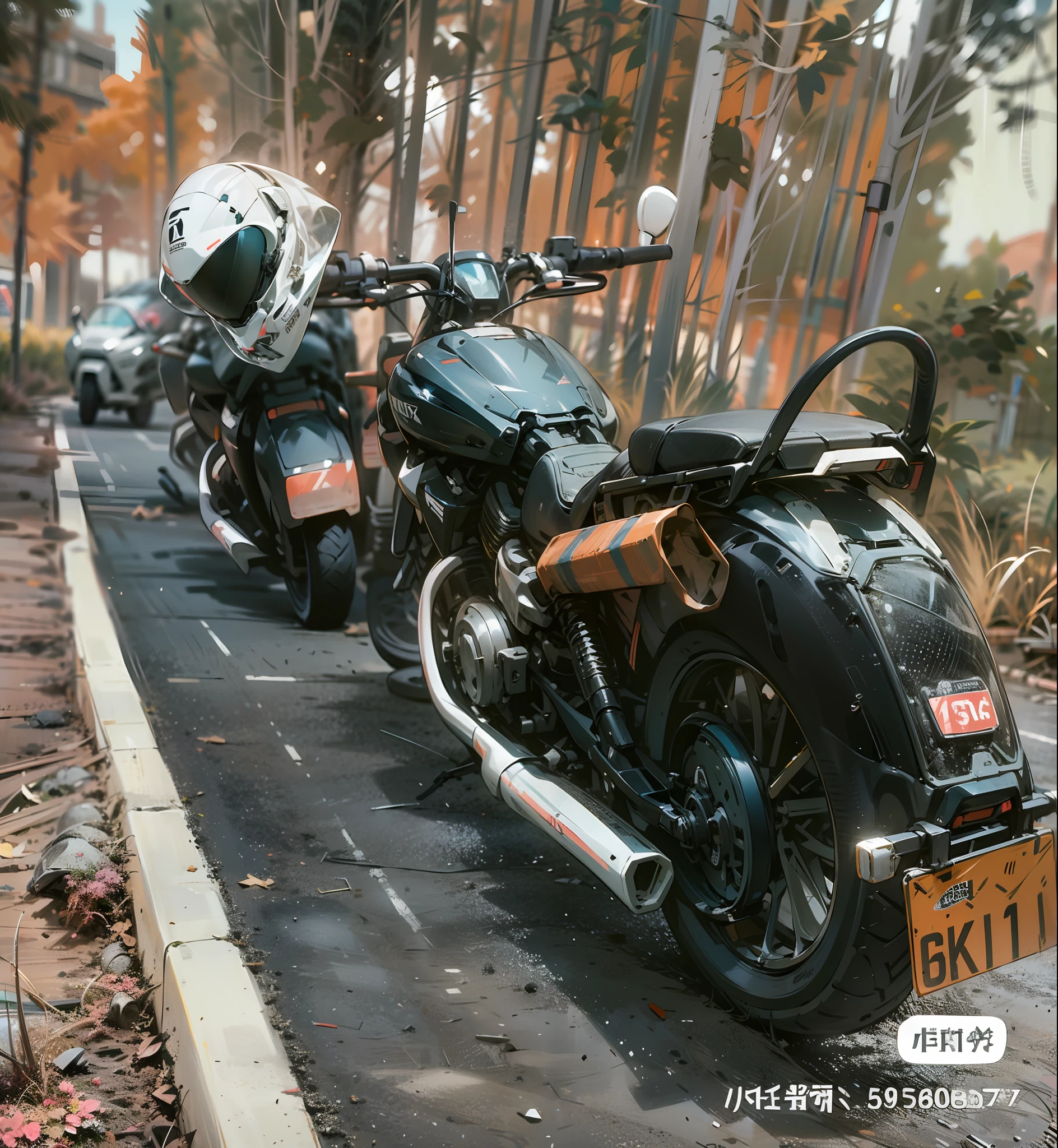 High-tech helmet，Mech helmet，Black motorcycle，White helmet with black stripes