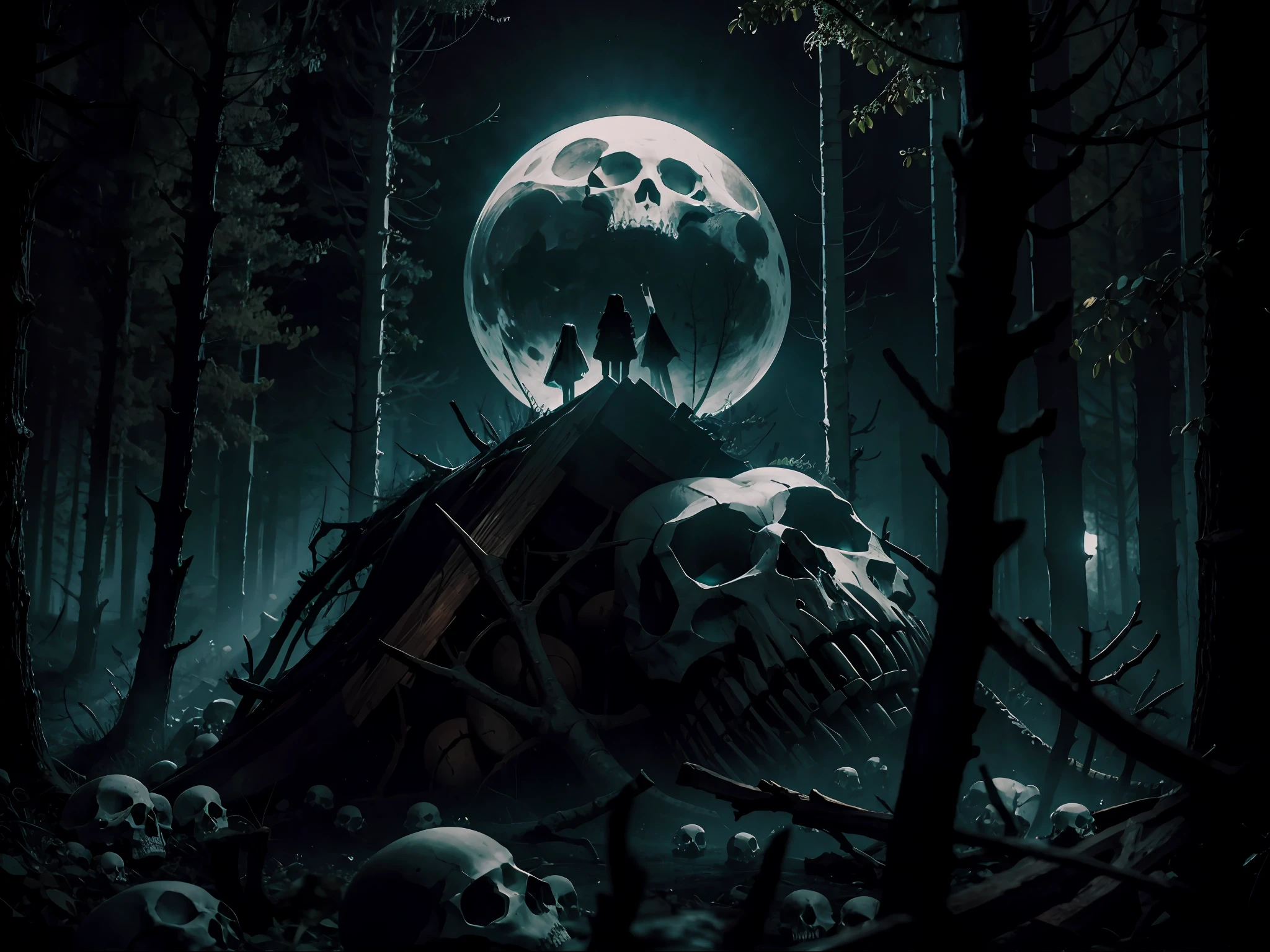 HUMAN BONES AND SKULLS STACKED IN A DARK, DARK FOREST AT NIGHT WITH MOONLIGHT, Clima denso, gothic horror vibes, arte de fantasia de terror, cores mortas