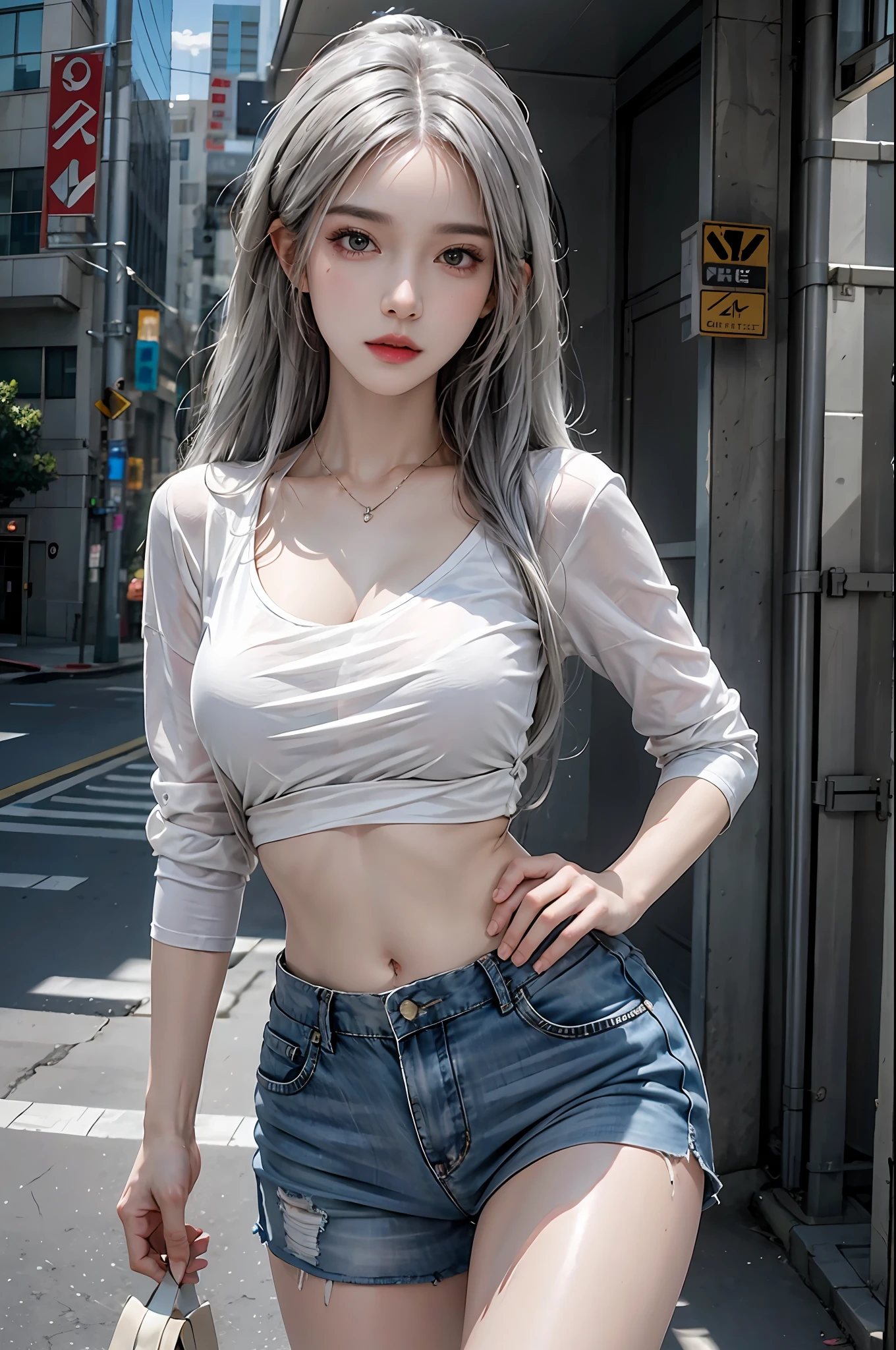 photorealistic, high resolution, 1women, solo, hips up, look at viewer, (detailed face), white hair, colorful street wear, tattoo, jewelry