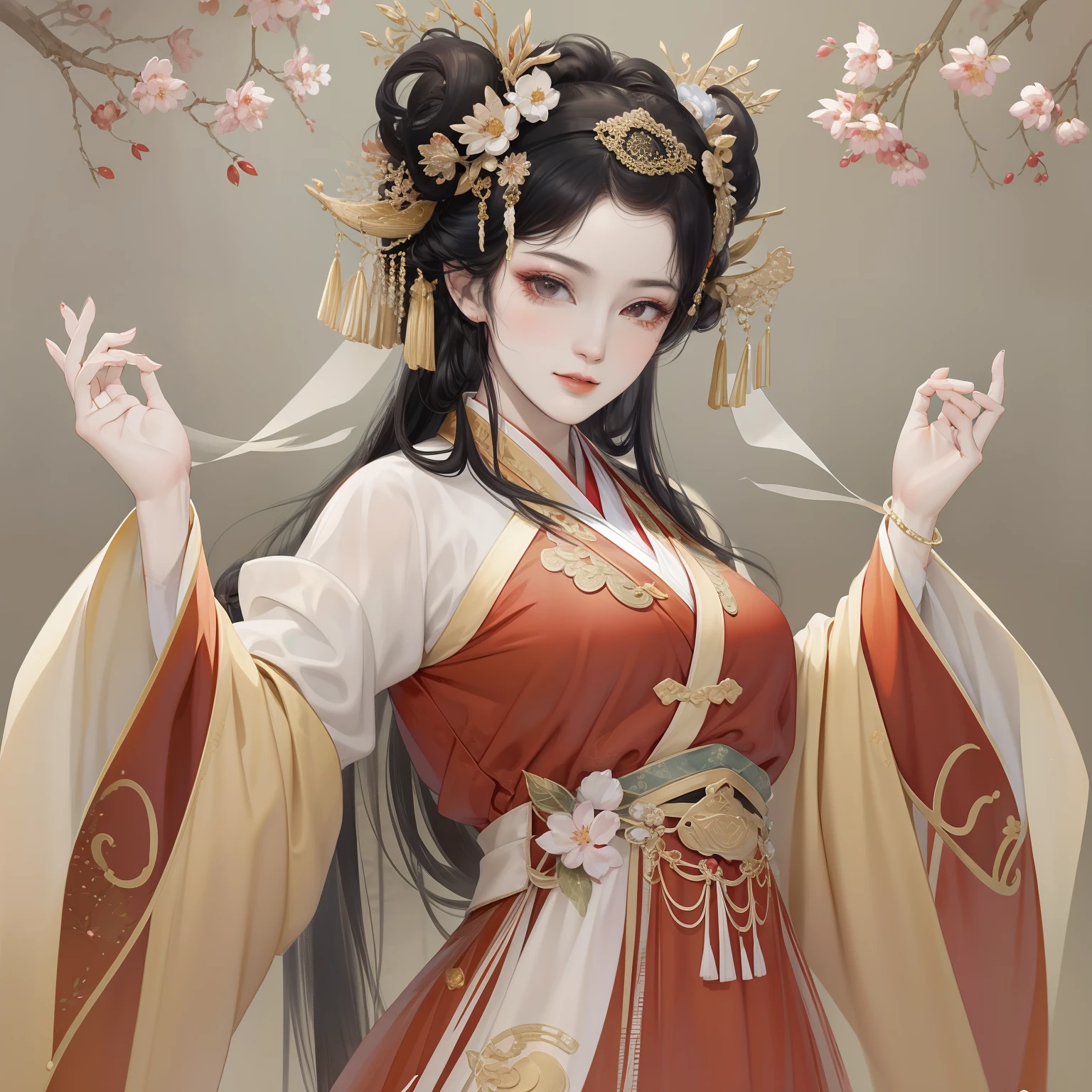 A beautiful girl in ancient China，The facial features are delicate and fair，Cool temperament，Red clothes，Black hair coiled into a bun，Over-ear joystick，Chinese Song Dynasty clothing，Red gold pattern case maxi dress，Long black hair，Hairpins，A half body，Stand under the plum tree，rays of sunshine，Clear face，tmasterpiece，ultra - detailed，Epic composition，high qulity，HighestQuali，The main color is red，Background background simple element。Bust，Back shadow。Invisible hands，No hands。