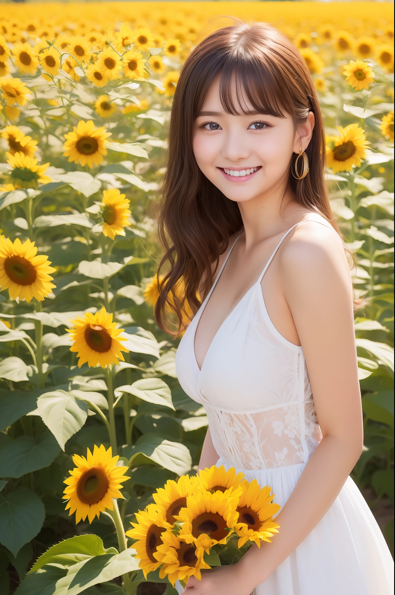 (top-quality、tmasterpiece:1.2)、ultra - detailed、(photographrealistic:1.4)、独奏、Cute  girl s、20yr old、light  smile、onepiece、sunflower_Background、huge tit、himawari、Full body photo