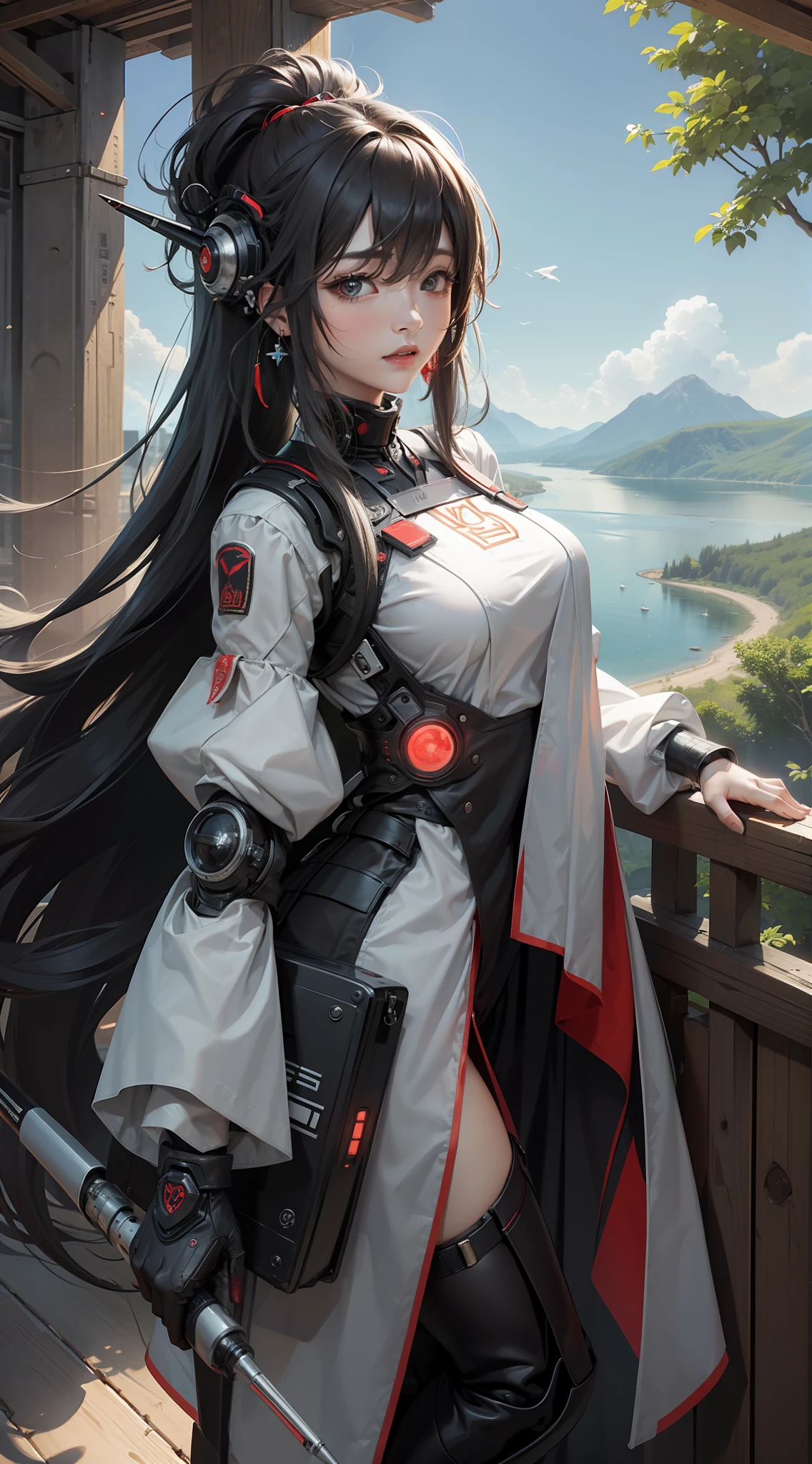 ((top-quality、8K、masterpiece:1.3、wide angles:1.2))、Humanoid robot、the Lion、black and red、It's messing、Floating with feathers、Putting a pilot girl on her hands BREAK pilot、Long hairstyle、bionde、gradients、piercings、Cybernetic skin、dynamicposes BREAK Near Future City、Rich in nature、Forests and lakes、Buildings in the distance、sunlights