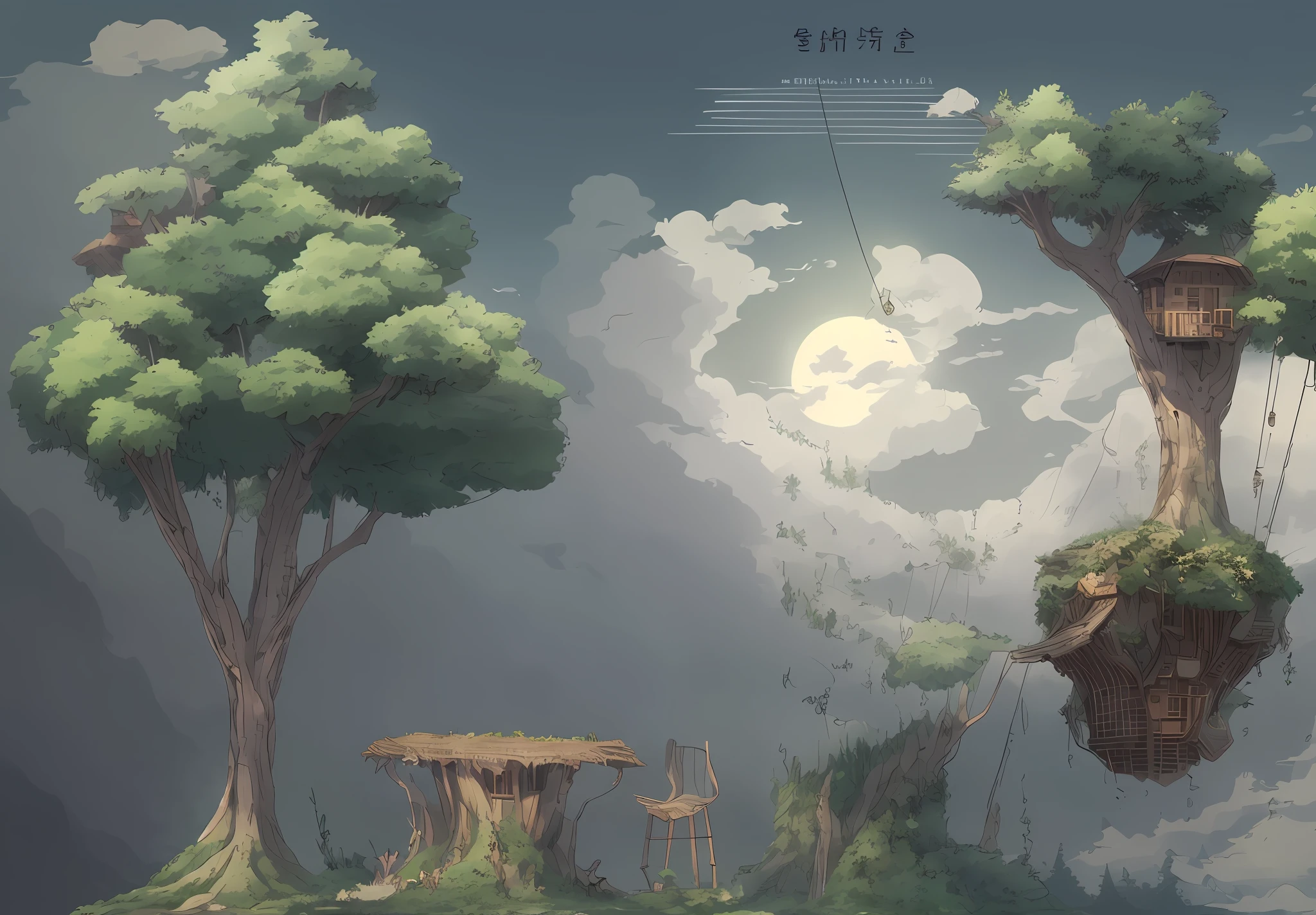 Sketch of a tree with a tree house and a swing, anime scenery concept art, Concept art release, studio ghibli environment, anime nature, made of tree and fantasy valley, studio ghibli smooth concept art, Anime landscapes, tome + Concept art, detailed trees々and cliffs, style of studio ghibli, environment design illustration, anime countryside landscape, detailed scenery —width 672