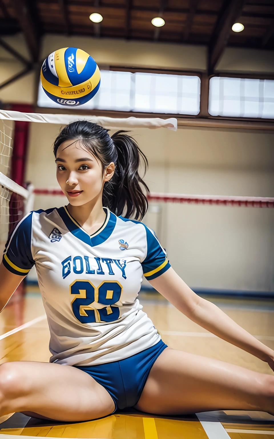Highly detailed CG Unity 8k wallpaper, top quality, super detailed, masterpiece, realistic, photorealistic, highly detailed cute girl, 25 years old,
(volleyball player,volleyball Uniform:1.1),(bloomer, high-leg bloomer),(gymnasium:1.2), ,(sweat,shiny skin:1.2),
(large breasts:1.1) , (fat ass), thigh, Have a volleyball
smile , parted lips, round eyes, viewer, half body shot