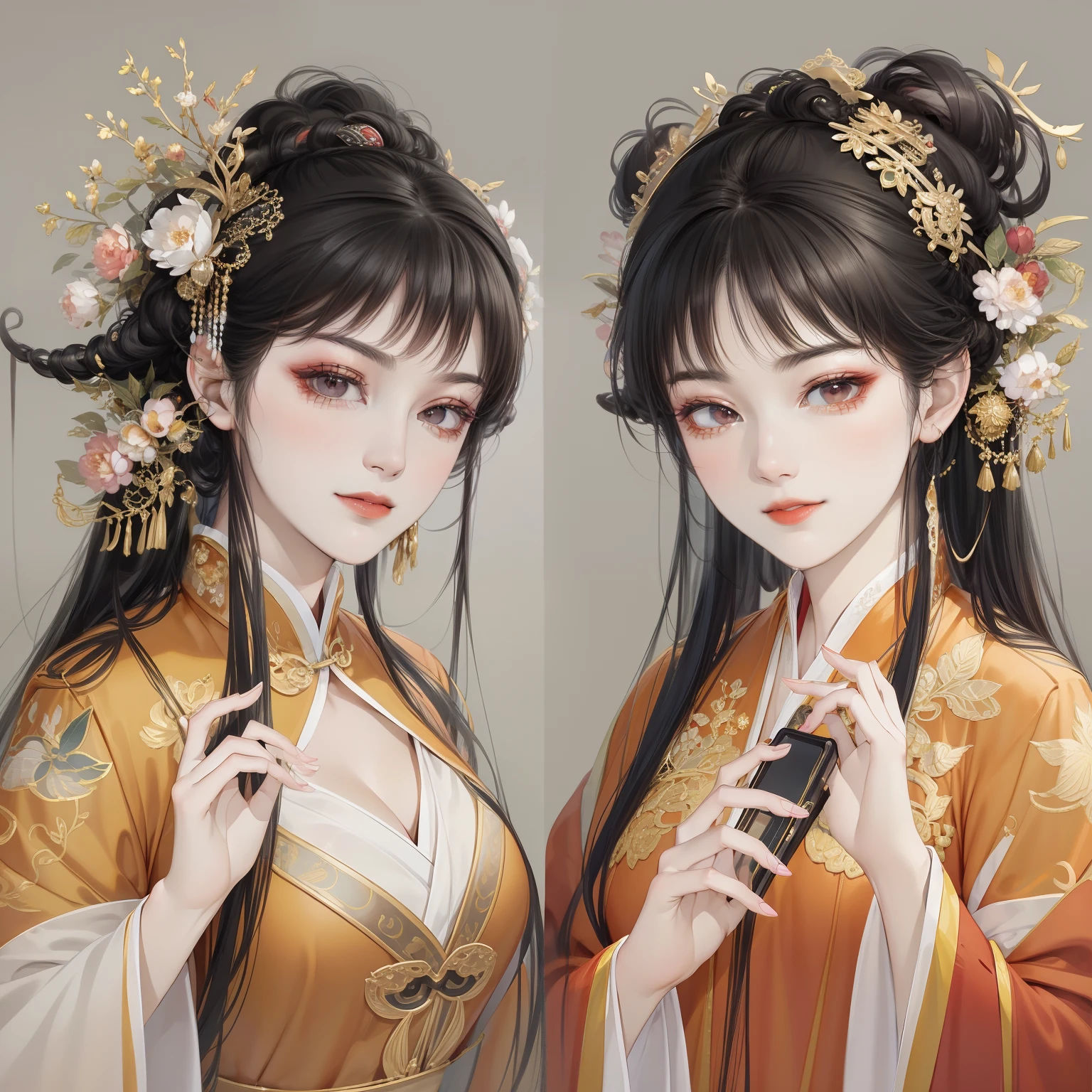 A beautiful girl in ancient China,The facial features are delicate and fair,Cool temperament,Red clothes,Black hair coiled into a bun,Over-ear joystick,Chinese Song Dynasty clothing,Red gold pattern case maxi dress,Long black hair,Hairpins,A half body,Stand under the plum tree,rays of sunshine,Clear face,tmasterpiece,ultra - detailed,Epic composition,high qulity,HighestQuali,The main color is red,Background background simple element。Bust,Back shadow。Invisible hands,No hands。