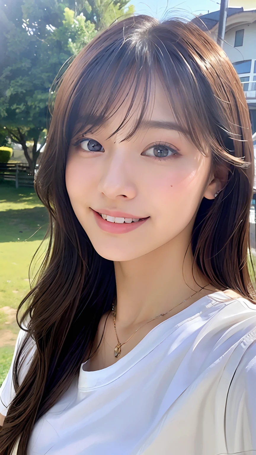 (8K、top-quality、masterpiece、超A high resolution、High Definition Face:1.3)、portlate、(20 years girl:1.3)、bokeh dof、frontage、 Genius genius smile、ultra-detailliert、ultra res、(realisitic、rialistic photo:1.37)、high-definition RAW color photography、Professional Photography、highly detailed and beautiful、ighly detailed、8K Picture Wallpaper、amazing detailed、huge filesize、Official art、Highly detailed CG Unity 8K wallpapers、highly detailed beautiful girl、extra detailed face、extremely detailed eye、highlydetailed skin、extremely detailed fingers、highly detailed nose、very detailed detailed mouth、Perfect Anatomy、Highly detailed clothing、女の子 1 人、(18:1.2)、Teen、Cute girl s、famous Japan idol、cute little、Realistic body、小柄、de pele branca、glistning skin、Slim body、Handsome body、brown haired、(Blunt bangs:1.2)、Classic wavy long hair、 (nffsw:1.3),A smile、kawaii、zora々Right、kawaii faces、Lifelike face、Delicat eyes、Sauce order、White T-shirt、skirt by the、Looking at the camera、cowboy shot、along the river、front facing、Contrapo、public、valley