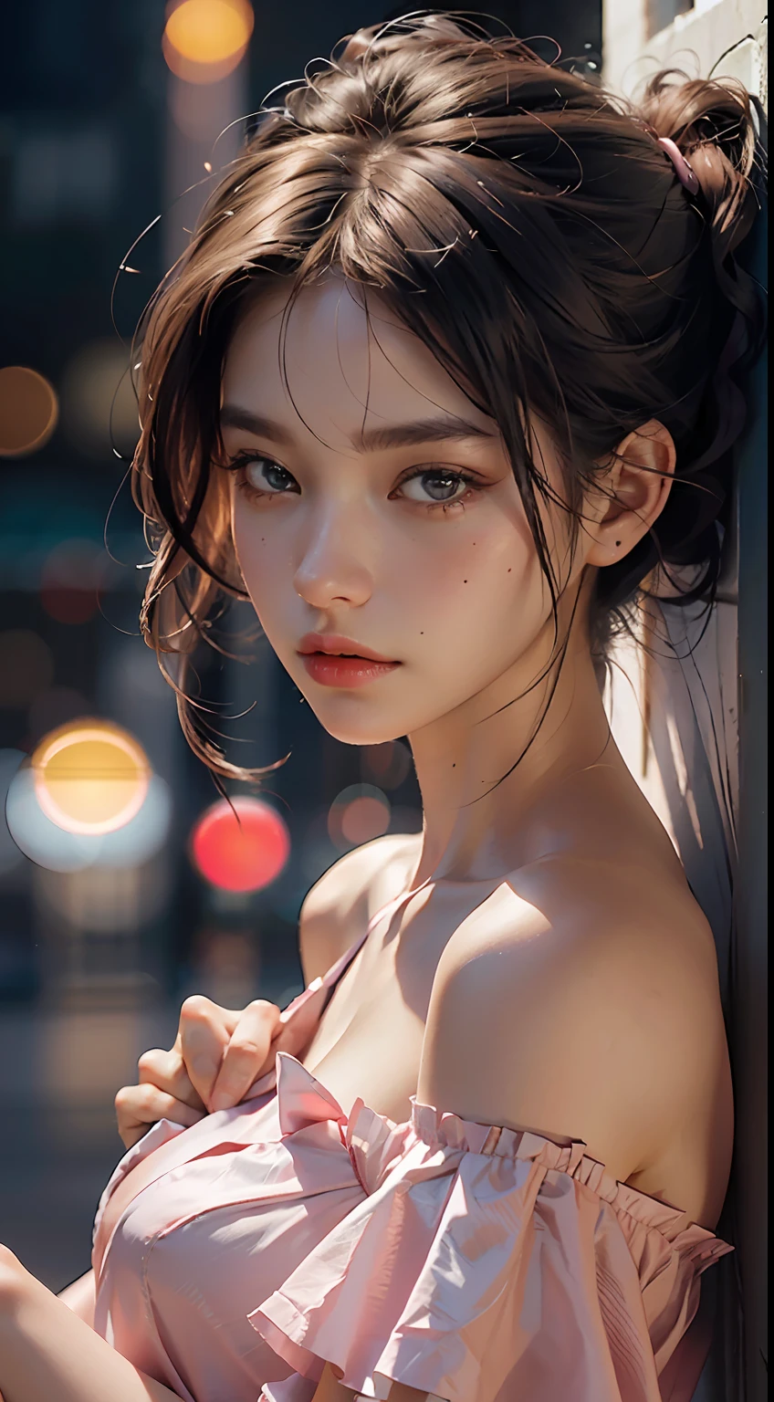 Best Quality, Masterpiece, Ultra High Resolution, (Realisticity: 1.4), Original Photo, 1girl, Pink Off-the-Shoulder, Cinematic Lighting