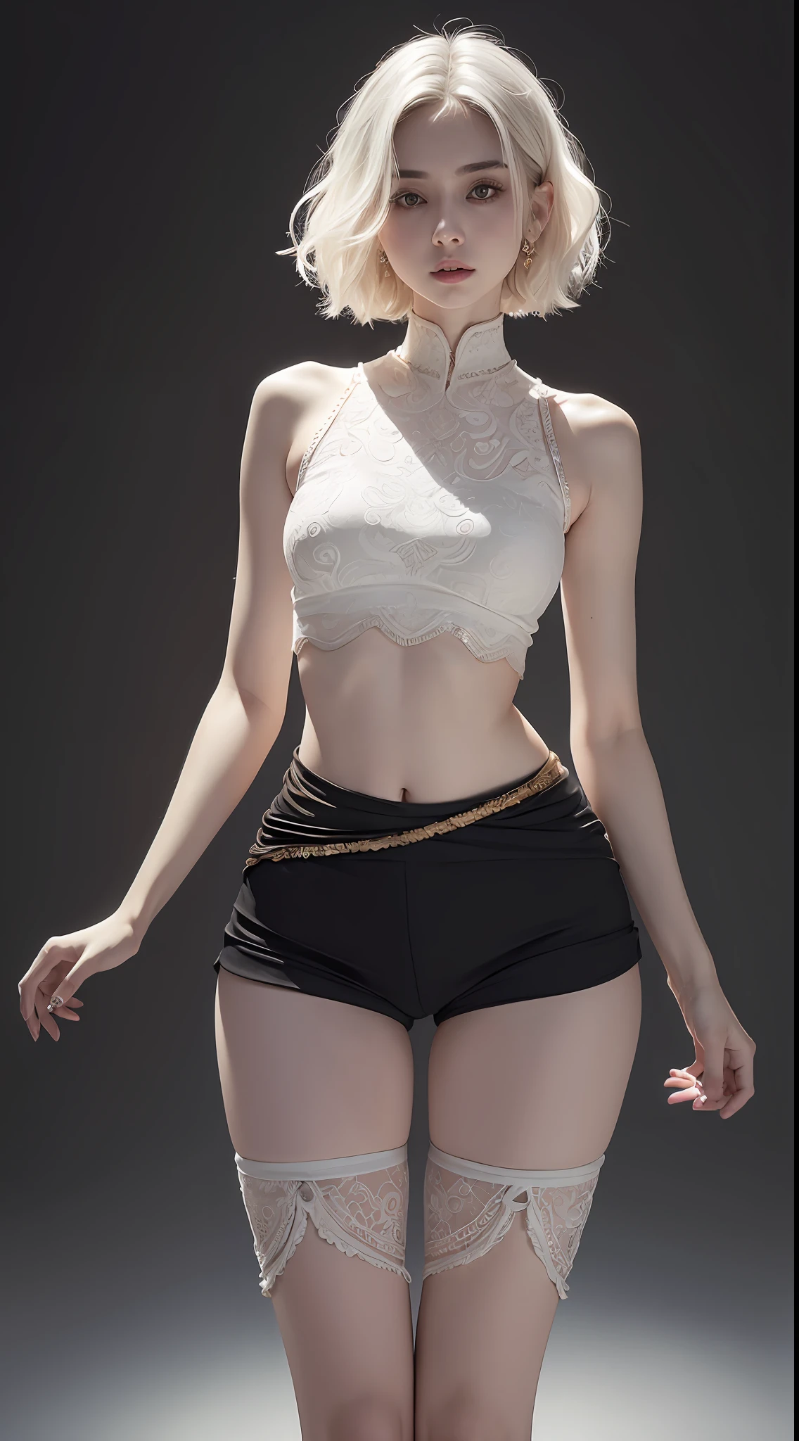 RAW photo, dynamic pose, 1girl, (pale skin, white short wavy hair, delicate face, intricate details), (black ancient clothes, jade bangles, ancient shorts), (small waist), ((wide thigh gap, wide legs):1.2), white background, masterpiece