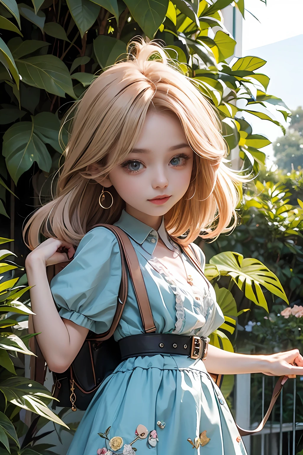 Beautiful bird woman, cabelo loiro, pintora, jardim encantado, Chibi