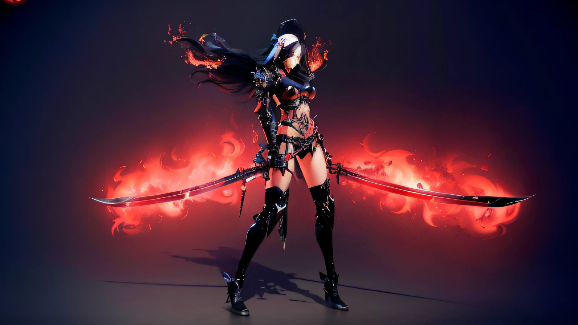 An Arad woman dressed in black holds a sword and red flame, Katana Zero video game character, holy cyborg necromancer girl, valkyrie style character, diablo 4 lilith, Blade and soul, Bikini. background of hell. gore, in game capture 3d render, dark demonic dancer, black fire color reflected armor, 2b, 2 b