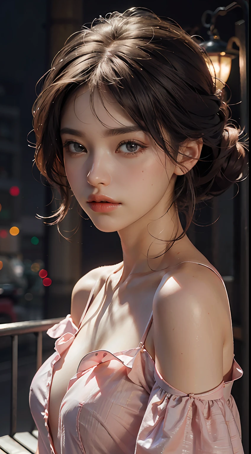 Best Quality, Masterpiece, Ultra High Resolution, (Realisticity: 1.4), Original Photo, 1girl, Pink Off-the-Shoulder, Cinematic Lighting