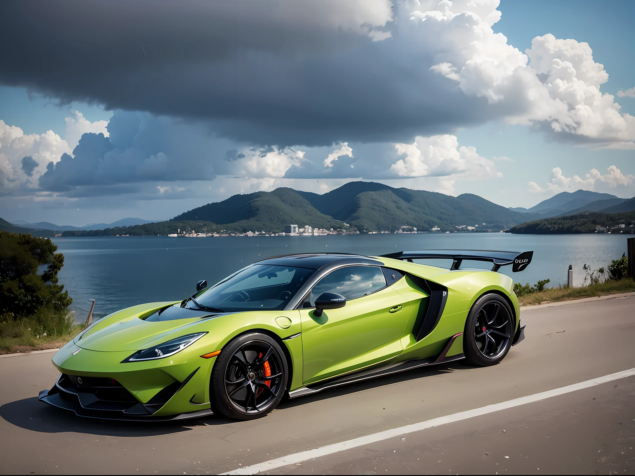 A realistic illustration of a supercar Noon time and Rainy weather. anime background. Ultra detailed, 8K, HDR, Octane Render, Redshift, Unreal Engine 5. Professionally color graded, atmosphere, amazing depth, rich colors, powerful imagery, psychedelic overtones, 4K, 8K.