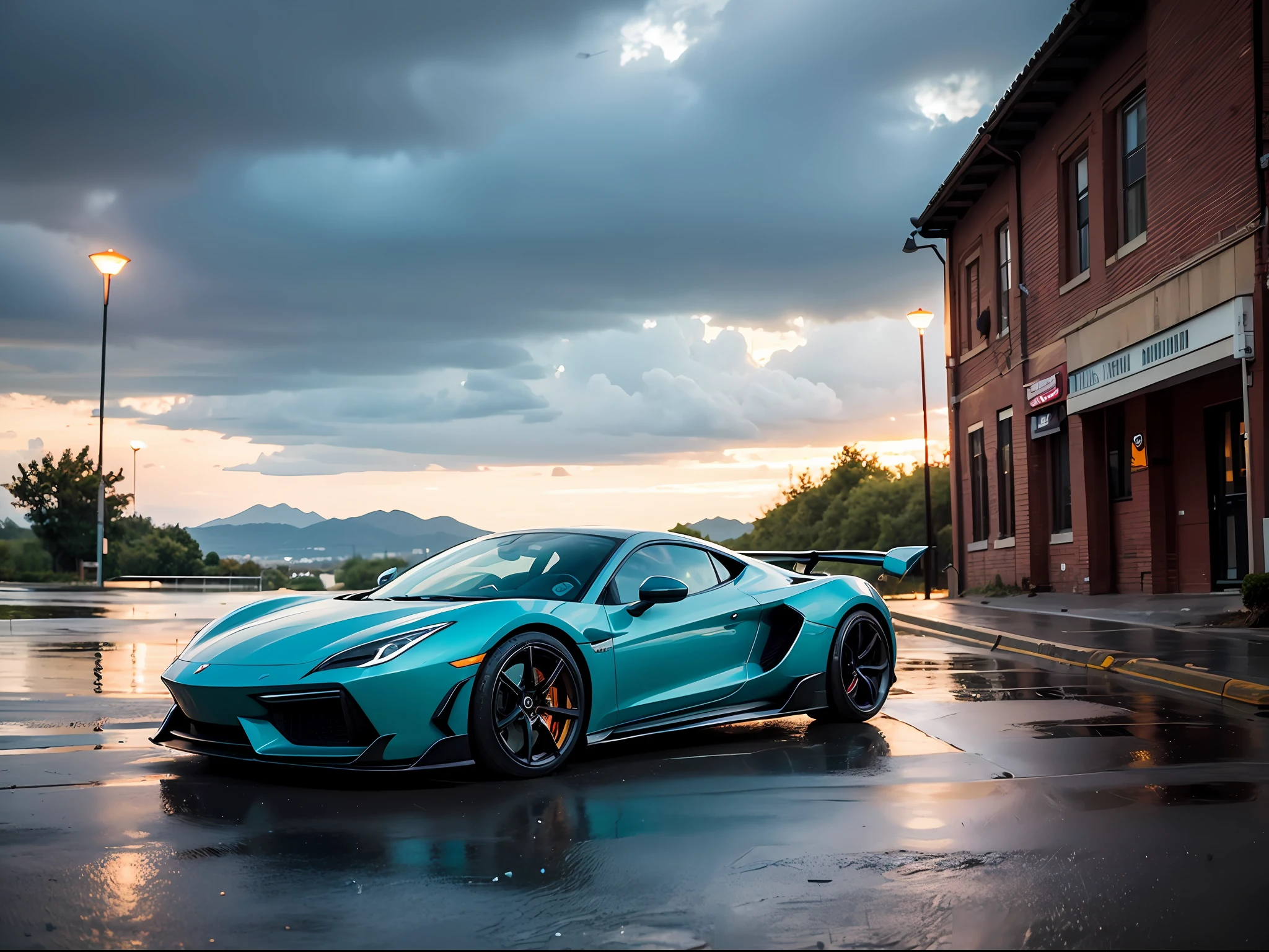 A realistic illustration of a supercar Noon time and Rainy weather. Ultra detailed, 8K, HDR, Octane Render, Redshift, Unreal Engine 5. Professionally color graded, atmosphere, amazing depth, rich colors, powerful imagery, psychedelic overtones, 4K, 8K.