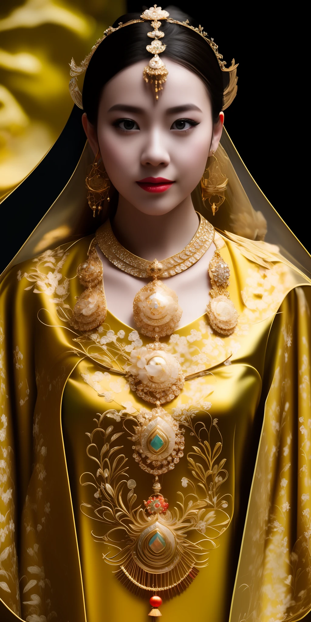 Best quality, masterpiece, high, 1 girl, chinese dress, hair ornament, necklace, jewelry, pretty face, on body, tyndall effect, realistic photo, dark studio, edge lighting, two-color light, (highly detailed skin:1.2), 8k uhd, dslr, soft light, high quality, volumetric light, straightforward, photo, high resolution, 4k, 8k, bokeh,