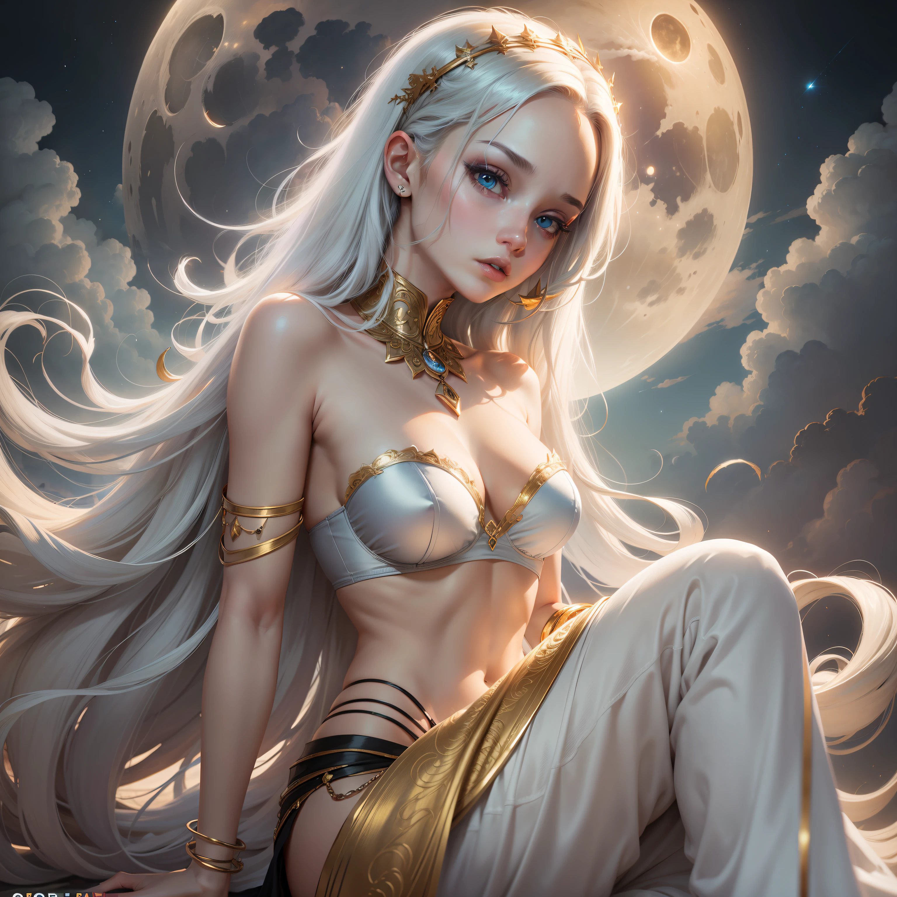 (Masterpiece: 1.2), best quality, illustration, composition, moonlight, 2 moon, crescent moon, full moon, sky background, clouds, 1 female, long white hair, light blue skin, darker lips, bored expression, crossed leg, harem pants, strapless bra, small breasts, cleavage, small waist, wide hips, looking above, golden bracelets, big forehead, forehead mark, silver eyes