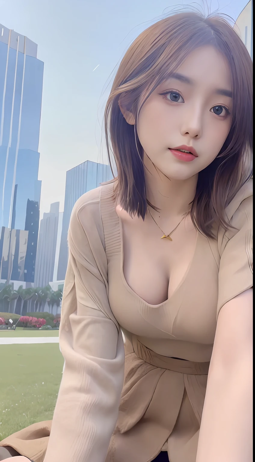 1 Lie down on the grass, Overhead camera, sharp focus, handsome,plump legs, skinny,professional lighting,city, eyelines,gold necklace,rendered eyes,tall body,adult woman,hair ornament,instagram most viewed,official wallpaper, official art,(kpop idol), mini skirt, half-closed eyes,building,((photorealistic painting art by midjourney and greg rutkowski)),((supermodel))