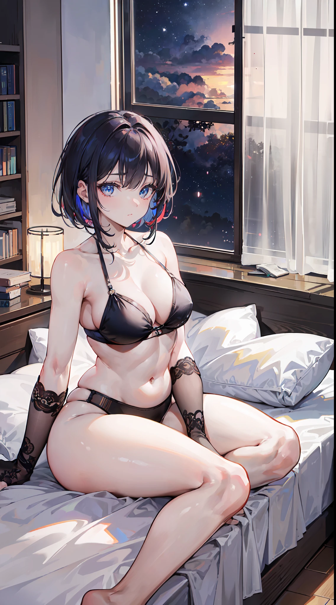 ((lifelike lighting, Melhor qualidade, 8K, Obra-prima: 1.3)), Foco claro: 1.2, 1girl, Beleza perfeita: 1.4, Abdominais finos: 1.1, ((Cabelos vermelhos escuros)), (Corte branco top: 1.4), (Ao ar livre, Noite: 1.1), Vista do parque, Rosto super fino, Olhos finos, 二重まぶた, seios firmes e medianos, sensualidade na cama