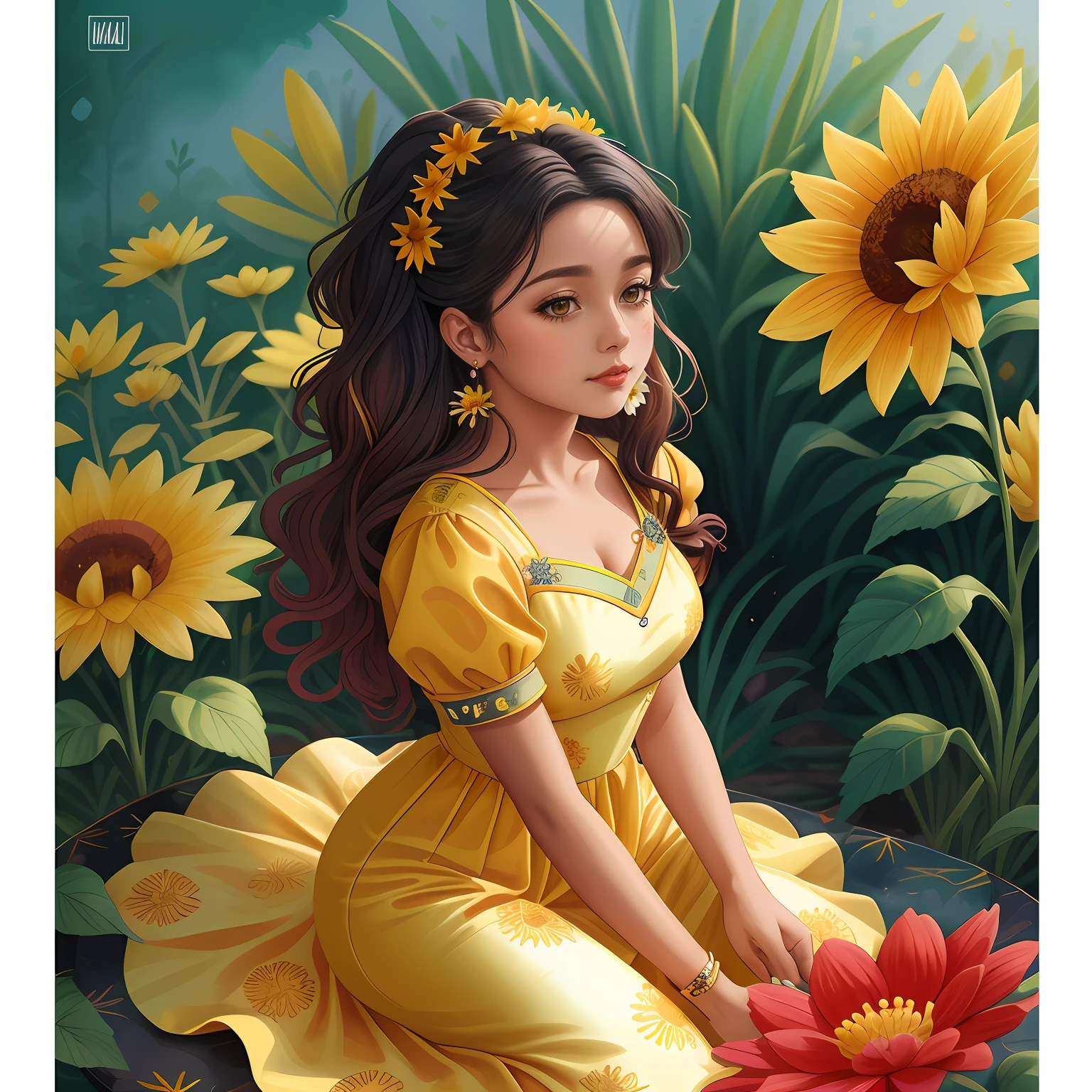 aquarela pintando a mulher segurando um ramo de flores, cabelo preto ondulado, com flores amarelas ao redor, menina anime girassol bonita, tonalidade amarela, linda Delphine, , pele amarela elegante, com flores, usando um vestido preto