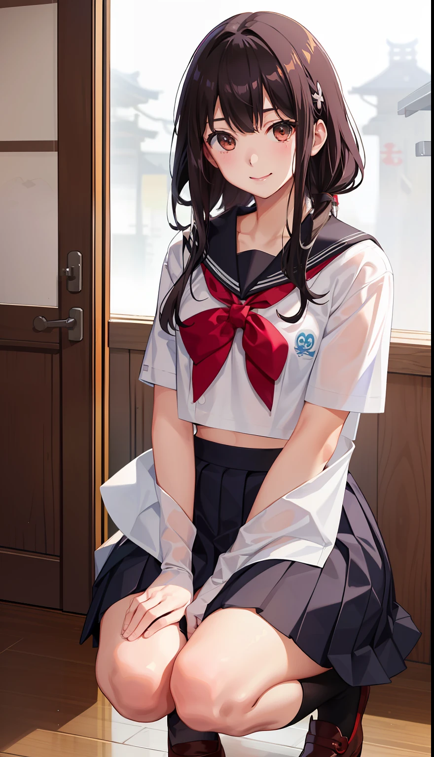1girl in、A smile、The shirt、skirt by the、(small tits)Chilarism、Japan High School Student Uniform、serafuku、summer clothing、Squall Drenched Uniform、(Sheer Bra)、Upper body portrait、light cream hair、Squatting panchira、