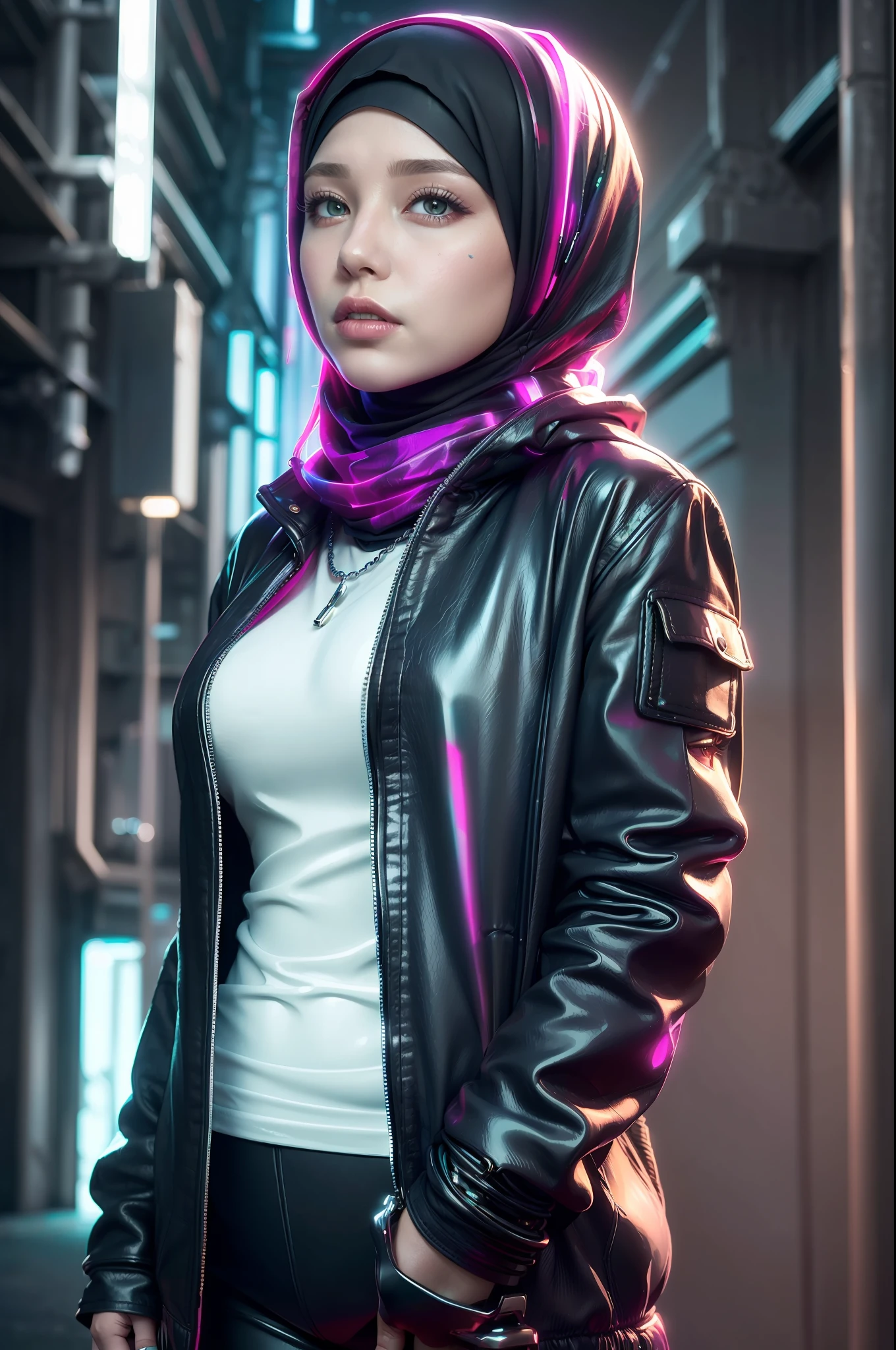 (Blue and Magenta), (Neon Cyberpunk Hijab: 1.5), [Style: Neon Cyberpunk: 1.3], (RAW Photos: 1.2), (Perfect Eyes: 1.5)),  (Photorealistic: 1.4), (Masterpieces: 1.3), (Best Quality: 1.4), Dreamy, (Detailed Eyes), (Detailed Facial Features), ( (8k:1.27), best quality, masterpiece, Hijab hair, ultra highres:1.2) Photo of Pretty woman (beautiful:1.1) (sci-fi woman:1.1), (Hijab cloak: 1.61) (Hijab leather Coat:1.21) intricate elegant, fantasy, detailed, ometric by greg rutkowski and alphonse mucha, gradient lighting