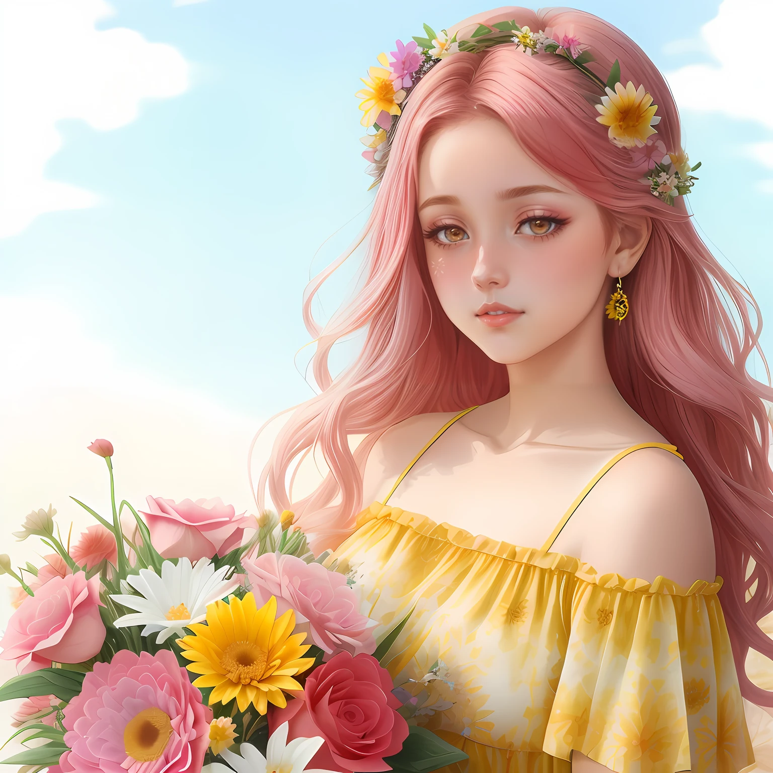 aquarela pintando a mulher segurando um ramo de flores, cabelo p vermelhosondulado, com flores amarelas ao redor, menina anime girassol bonita, tonalidade pastel , linda Delphine, , , com flores, usando um vestido preto