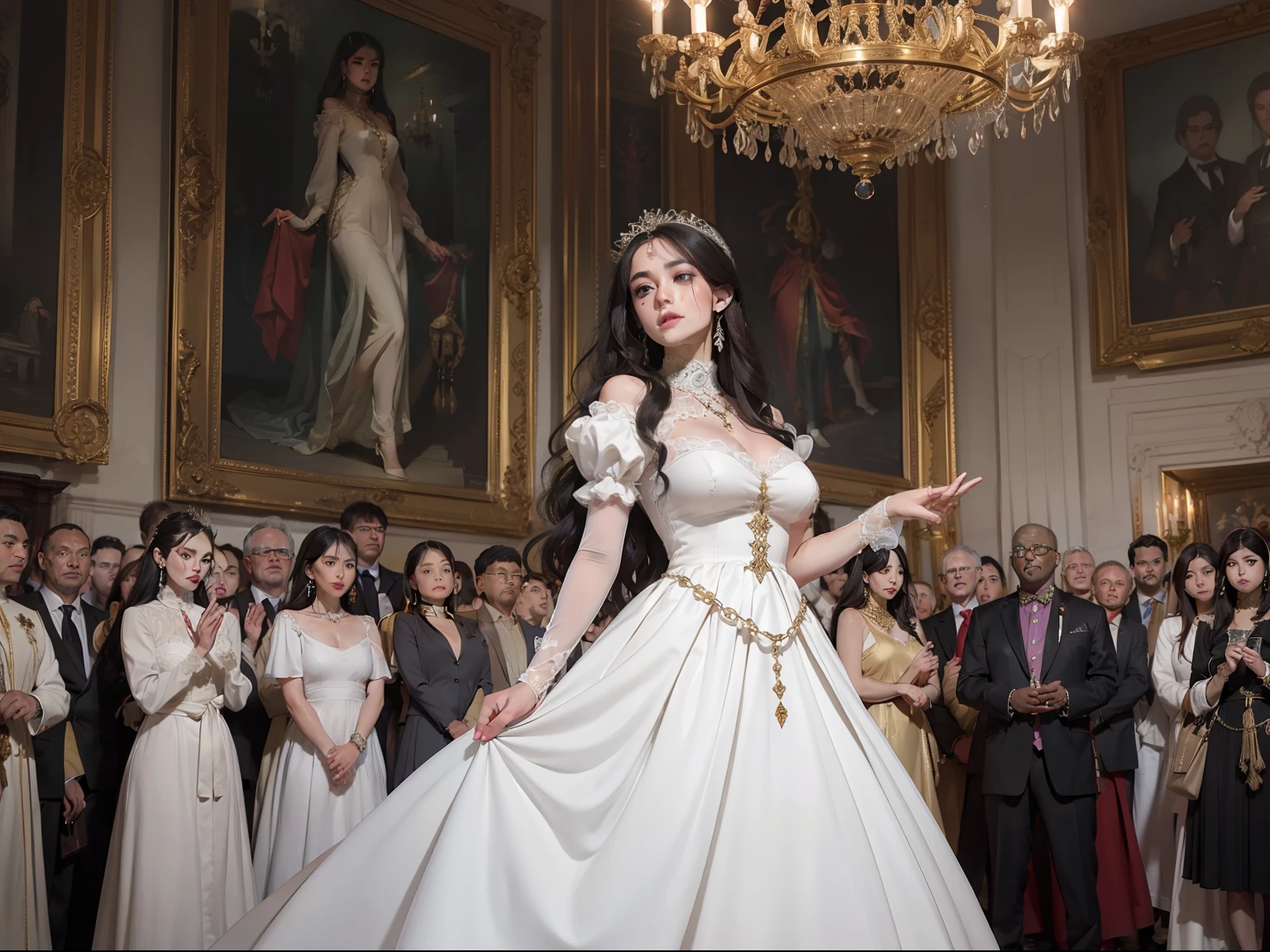 top quality picture 、Buckingham Palace 、Salon 、(((Large crowd of guests))) 、15century 、very long dress 、 (((low angles))) 、White luxury costume 、dance 、 Collar with rope 、(((sad Facial expression))) 、full body Esbian、chains 、 Black hair 、chandeliers 、Dark colored walls 、 shining beautiful skin , Sweat , collar and chain accessories , beautiful black pupil and hair , Detailed expression , beautidful eyes,