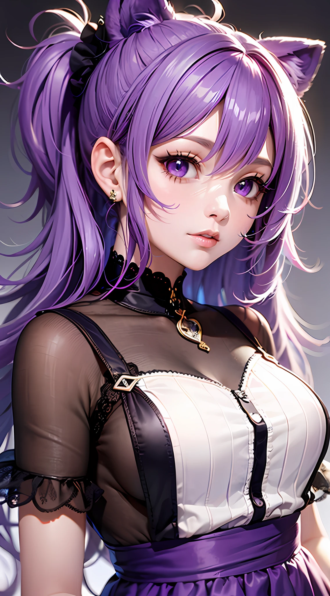 the Lion_Faria, Purple hair, Purple eyes, 1girll, Solo, double tails, hair scrunchie, Purple dress, Short sleeves