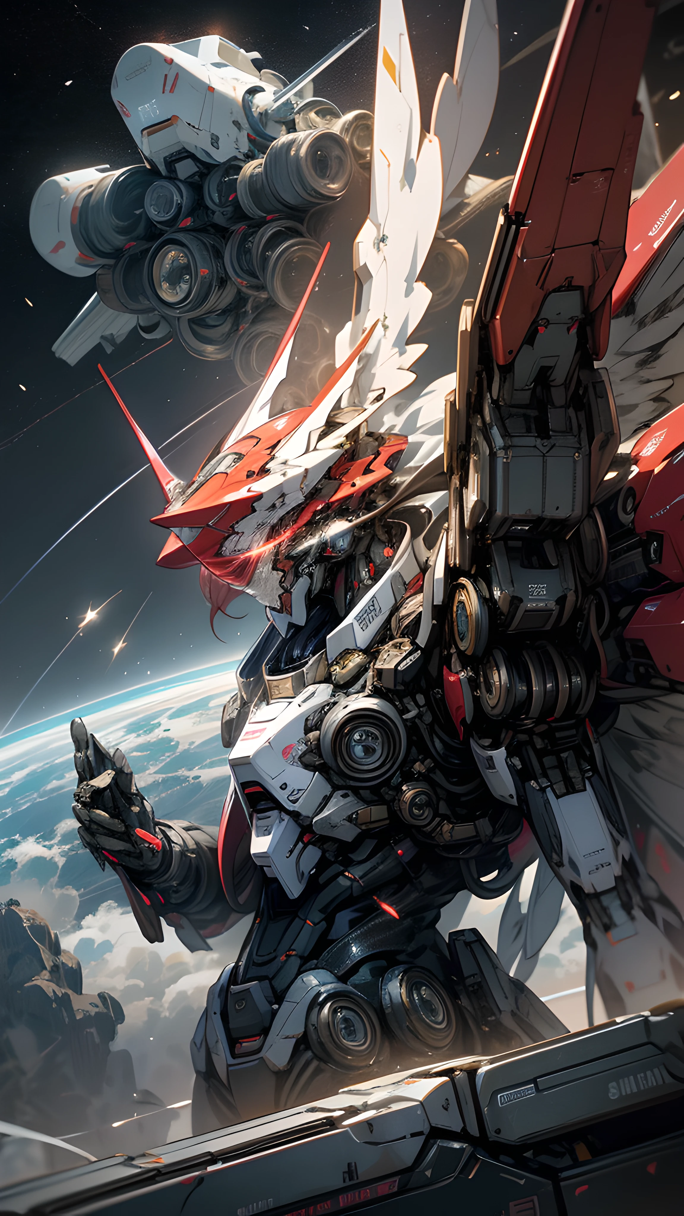 In space,Huge planet,Starcloud,holdingweapon,without humans,with light glowing,(female mecha:1.2),female android,giant mechanical wings,Mecha wings,(Flying in space:1.3),Comet fragments(Comet fragments:1.1),glowing light eyes,red color mecha,(red color mecha:1.1)scientific fiction,space,Realistis,mechs,Milky Way Galaxy background,neonlight,Combat posture,cyber punk perssonage,wallpaper hd,CG art --auto