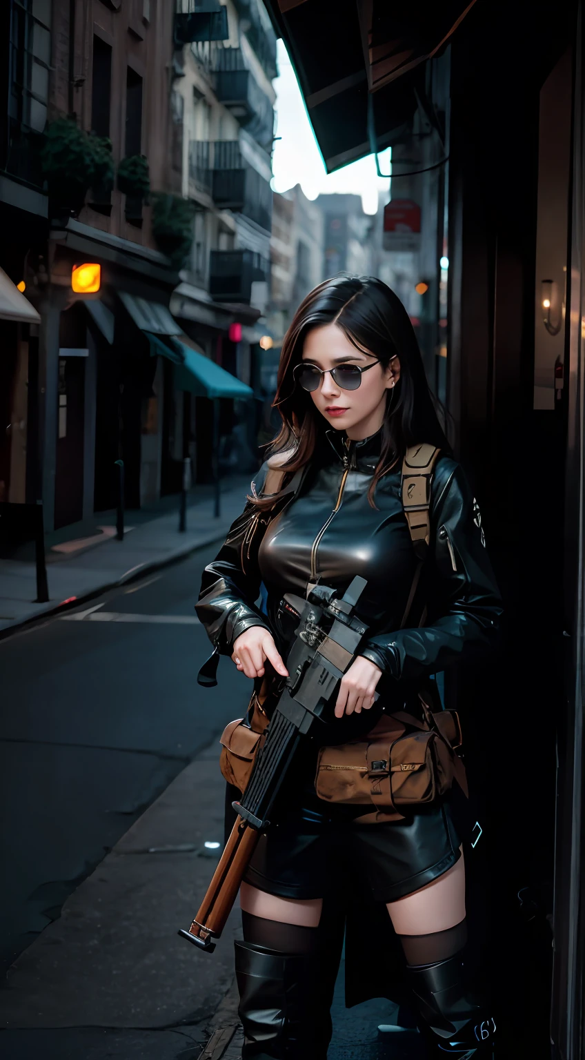 Create an image of Death in a woman body, skull head, holding a Sniper Rifle in her hands