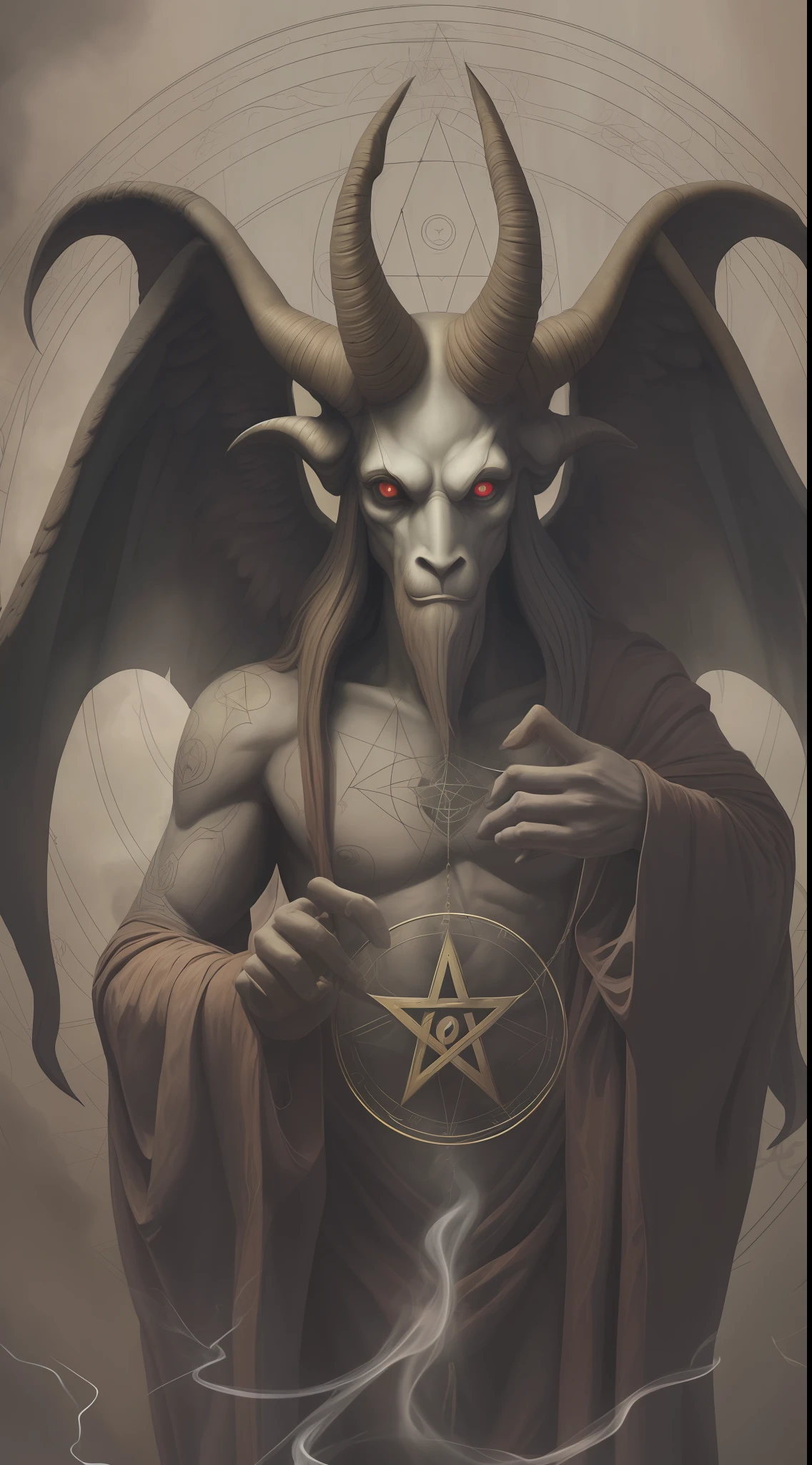 Baphomet Ruling the Worlds, Baphomet pulls his right hand forward, points back with his left hand;, Baphomet on the background of a large occult pentagram, High image detail, Baphomet's piercing gaze into the very soul, Gloomy image, Smoke & Depth