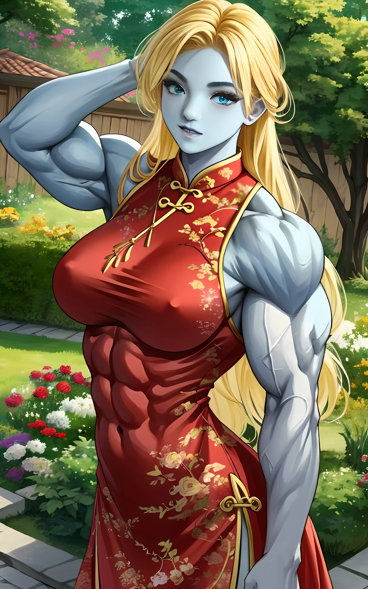 (1girll), huge tit, Breasts, Conque, Moisturizes skin, ,trpical garden , Red and yellow cheongsam, s girl,realistic illumination,top Quority,8K,tmasterpiece,Muscular female,Muscular,Abs,(Blonde hair), (Blue skin:1.4),